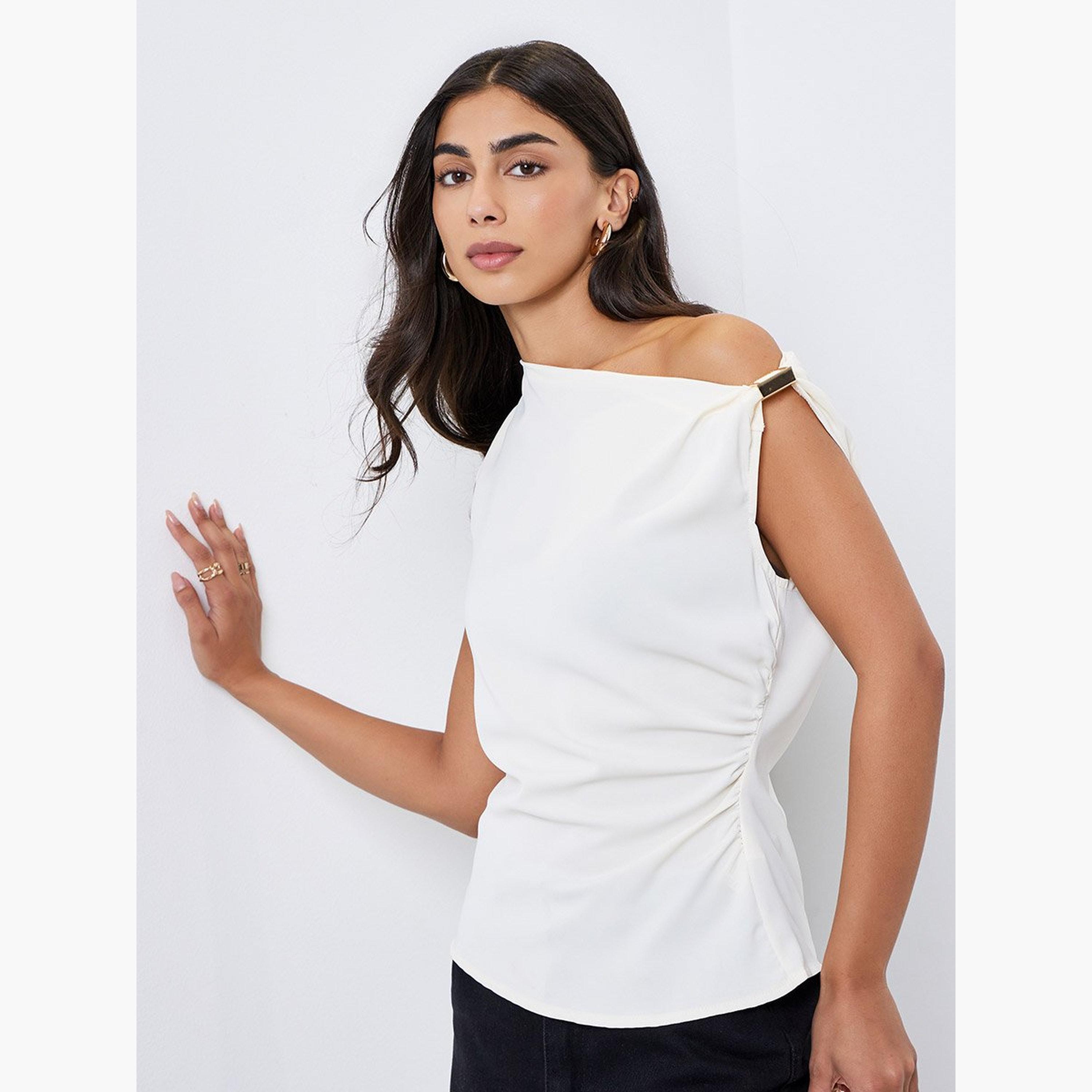 Styli Cream Solid Asymmetric Neck Knit Top-women-clothing-tshirts-image-1