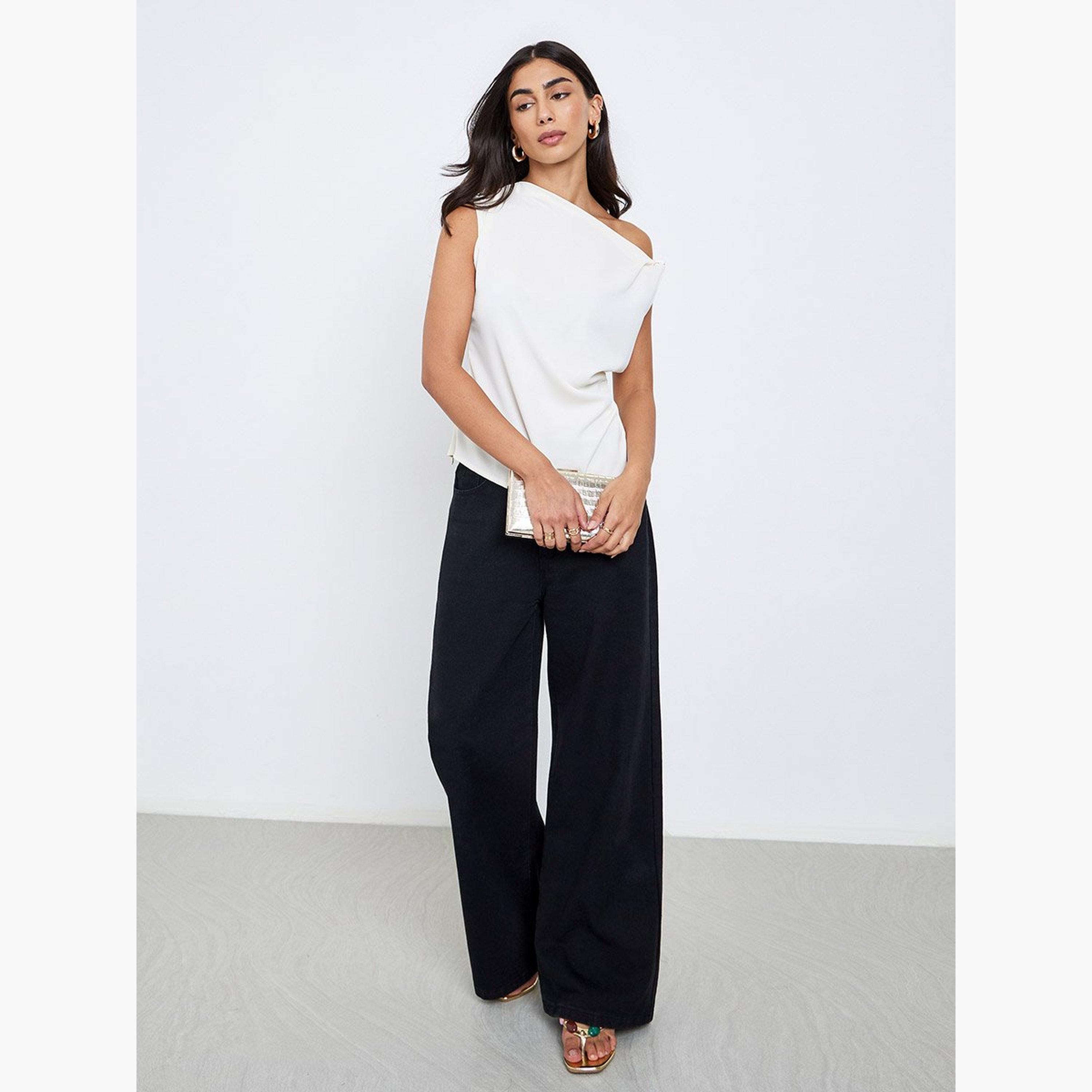 Styli Cream Solid Asymmetric Neck Knit Top-women-clothing-tshirts-image-3