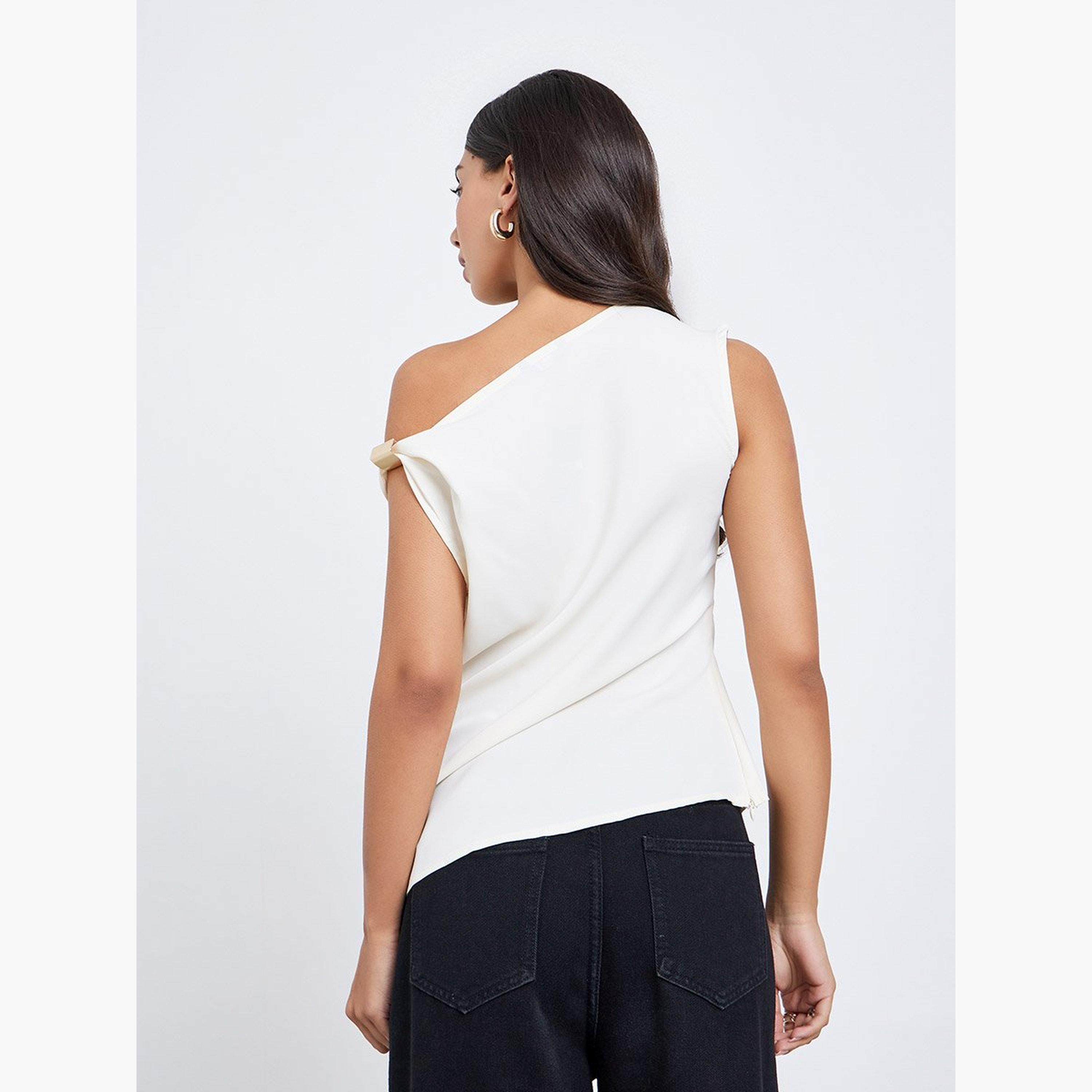 Styli Cream Solid Asymmetric Neck Knit Top-women-clothing-tshirts-image-4