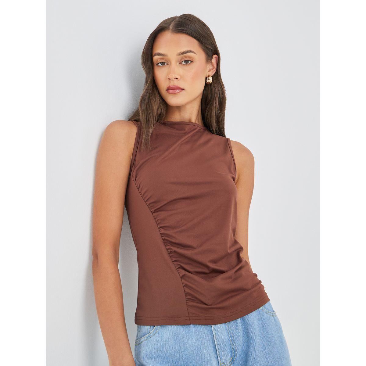 Styli Sleeveless Ruched Detail Round Neck Knit Top-women-clothing-tshirts-image-1