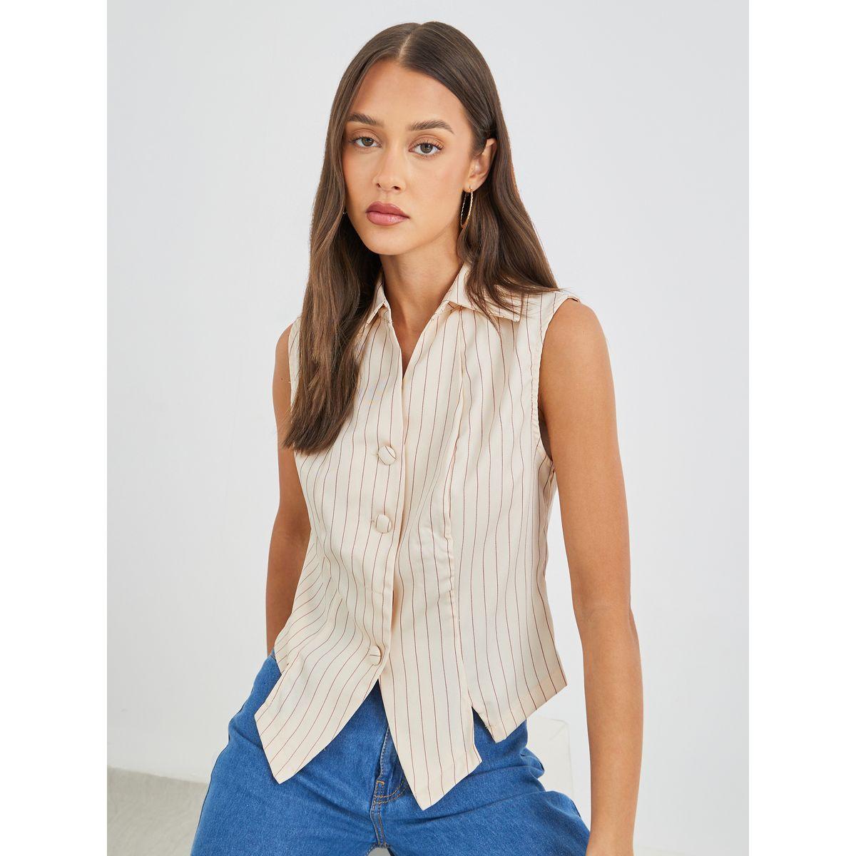 Styli Striped Front Button Waistcoat-women-clothing-coatsandjackets-waistcoats-image-1