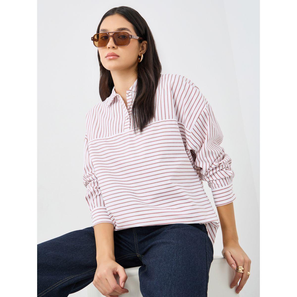 بلوزة طويلة مخططة بأكمام طويلة وأزرار-women-clothing-shirtsandblouses-shirts-image-2