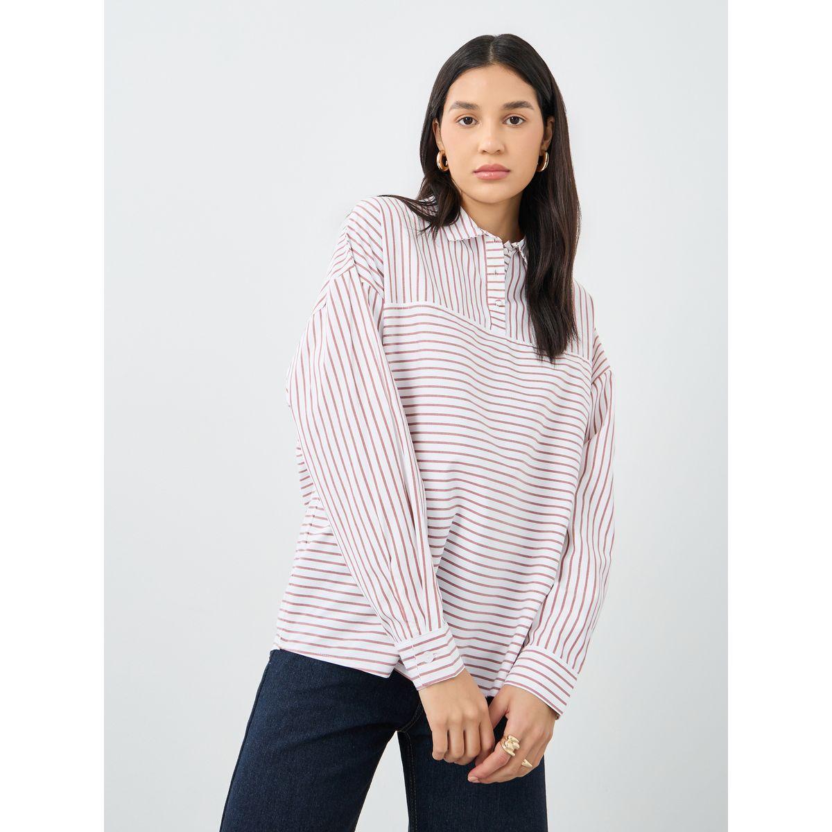 بلوزة طويلة مخططة بأكمام طويلة وأزرار-women-clothing-shirtsandblouses-shirts-image-3