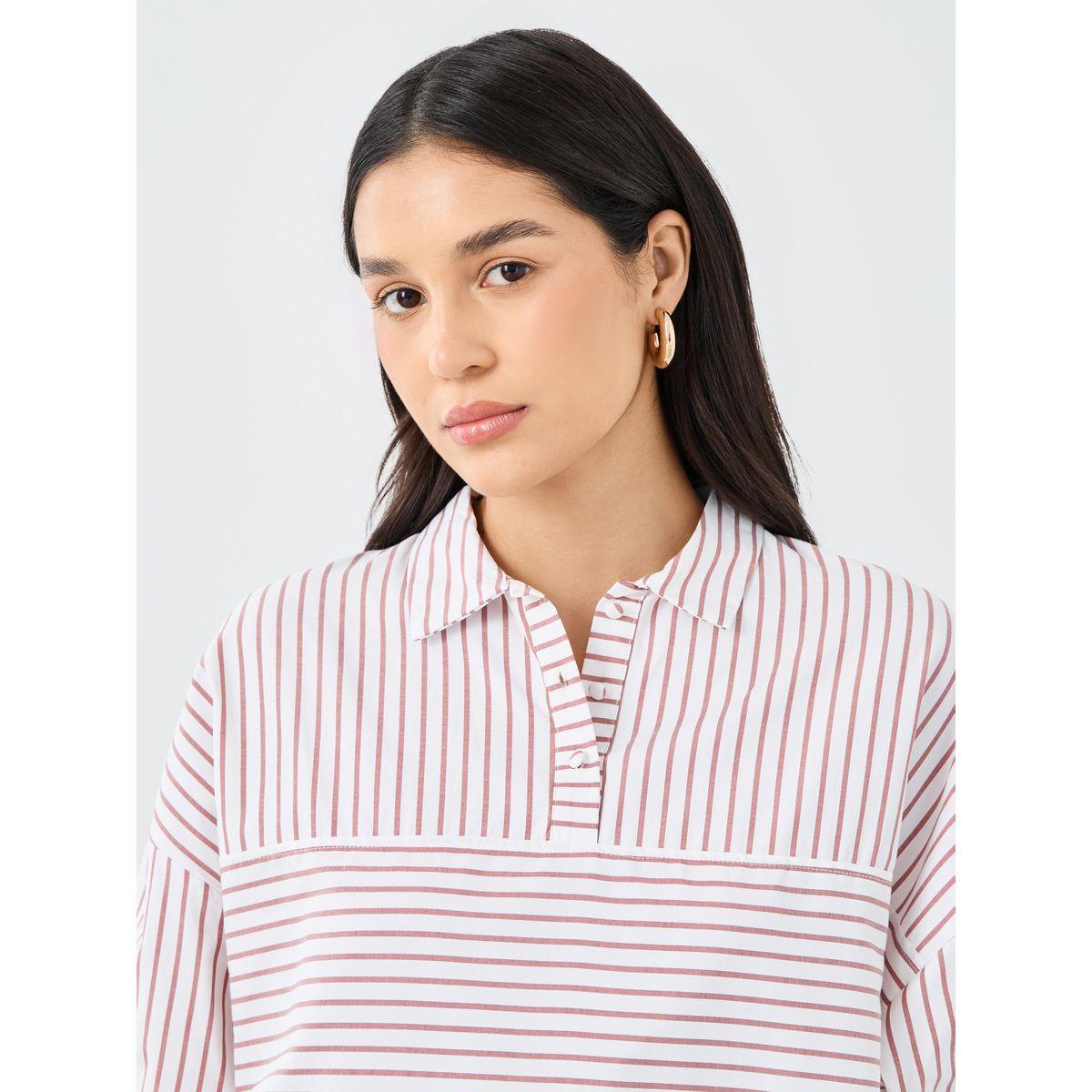 بلوزة طويلة مخططة بأكمام طويلة وأزرار-women-clothing-shirtsandblouses-shirts-image-4