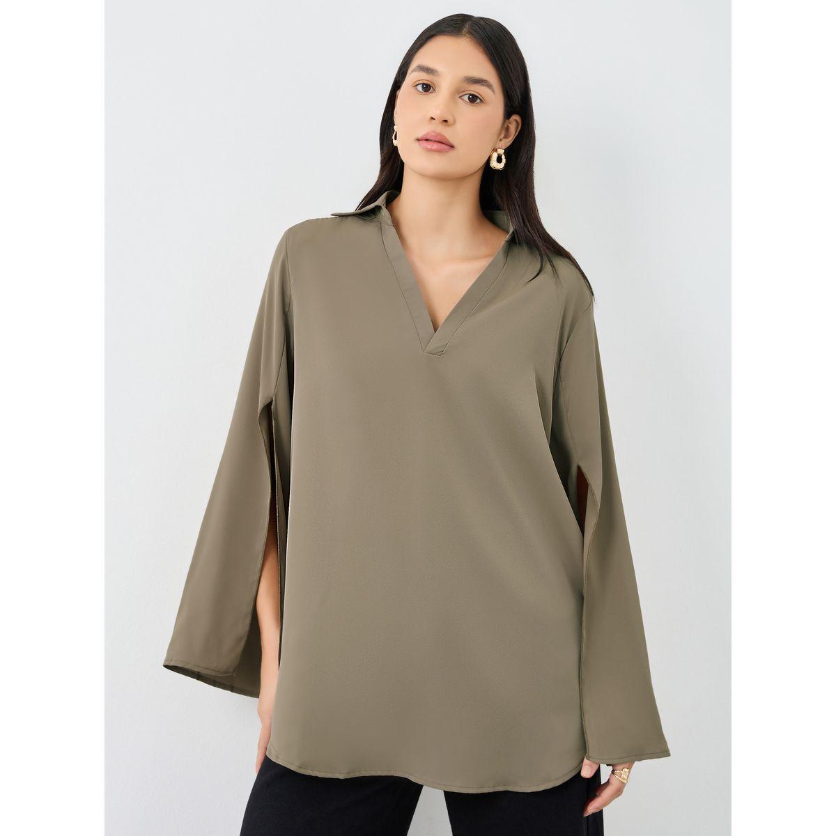Styli Women Brown Slit Sleeve Oversized Shirt-women-clothing-shirtsandblouses-shirts-image-1