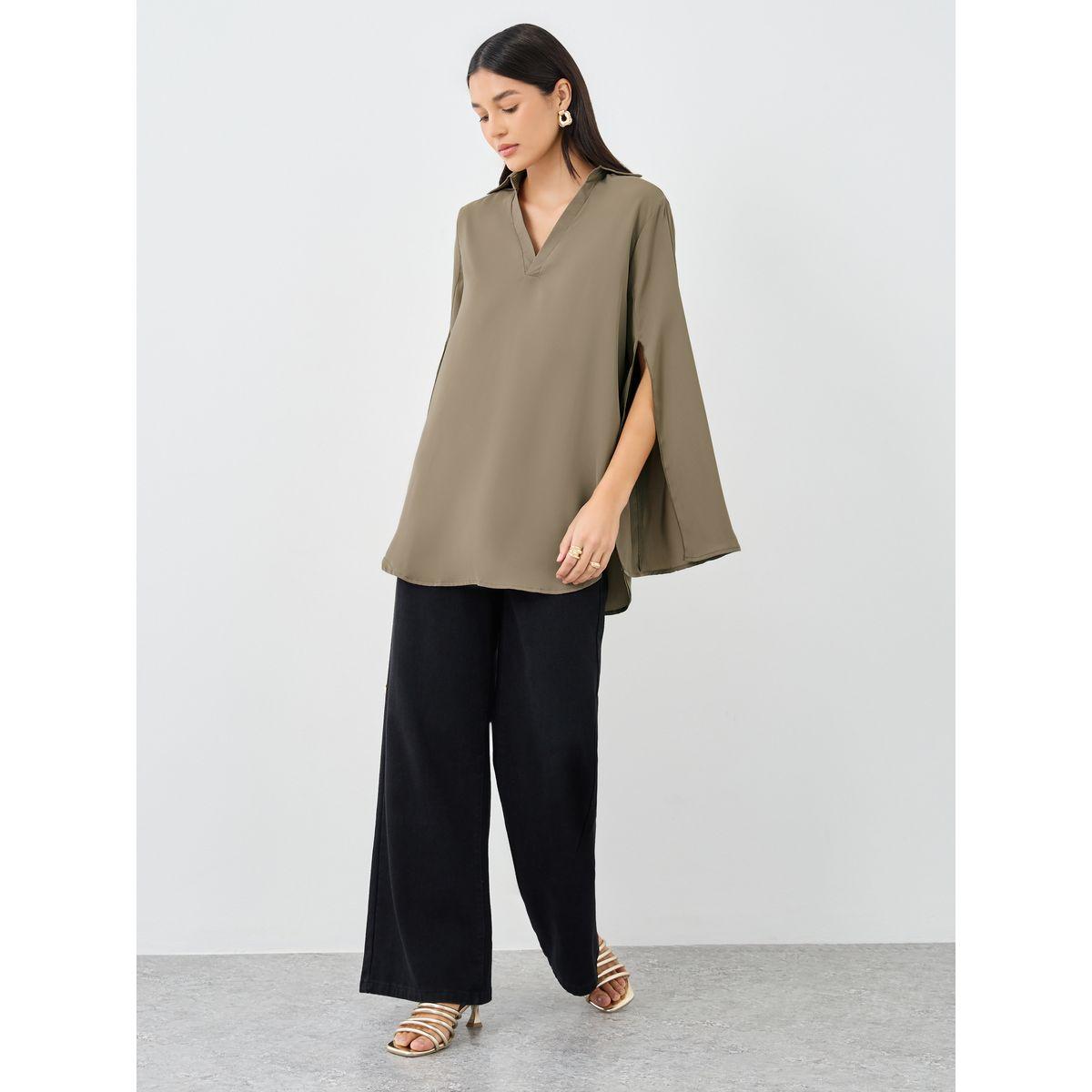 Styli Women Brown Slit Sleeve Oversized Shirt-women-clothing-shirtsandblouses-shirts-image-2