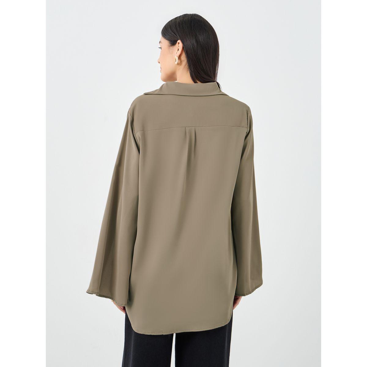 Styli Women Brown Slit Sleeve Oversized Shirt-women-clothing-shirtsandblouses-shirts-image-4