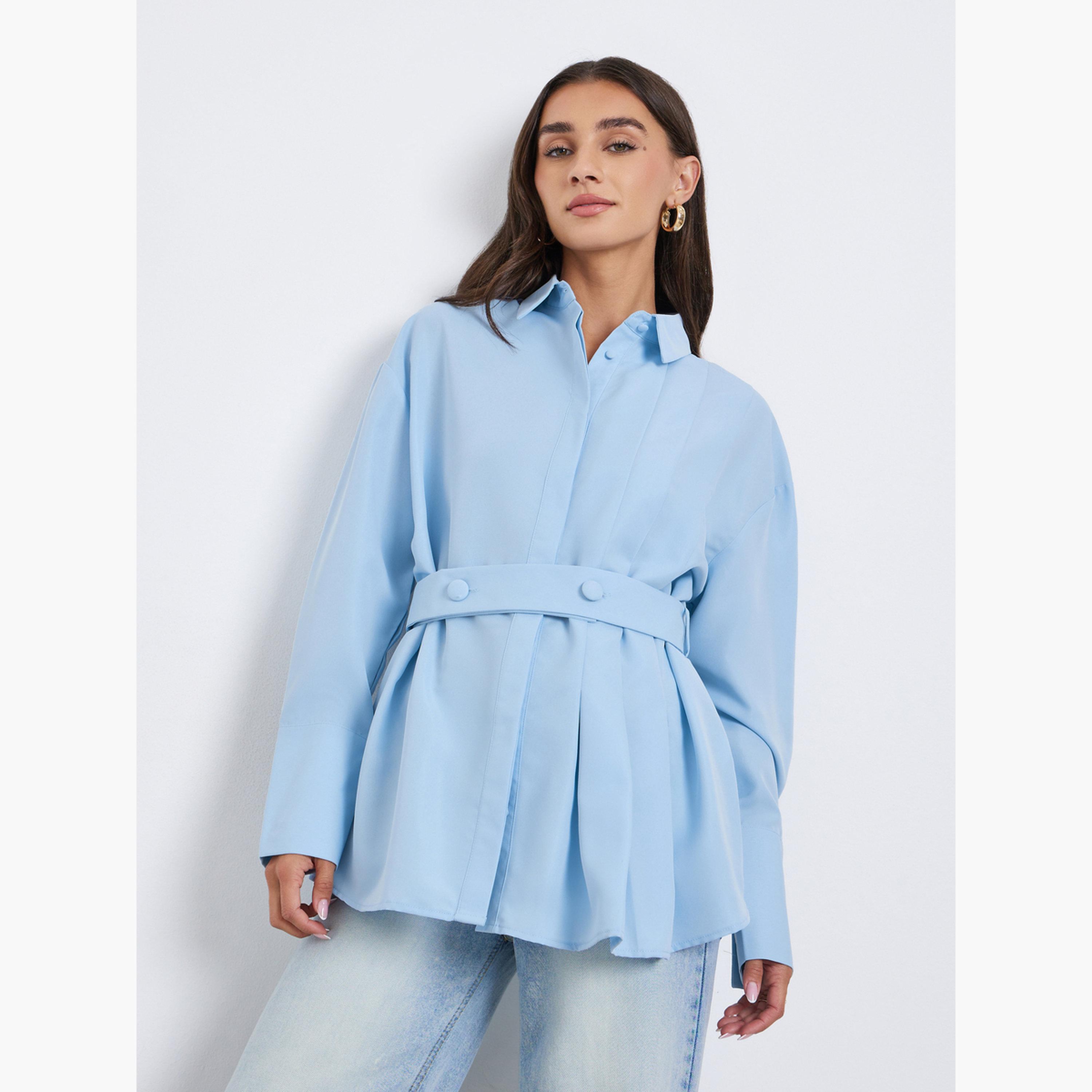 ستايلي - قميص أزرق طويل بحزام-women-clothing-shirtsandblouses-shirts-image-1