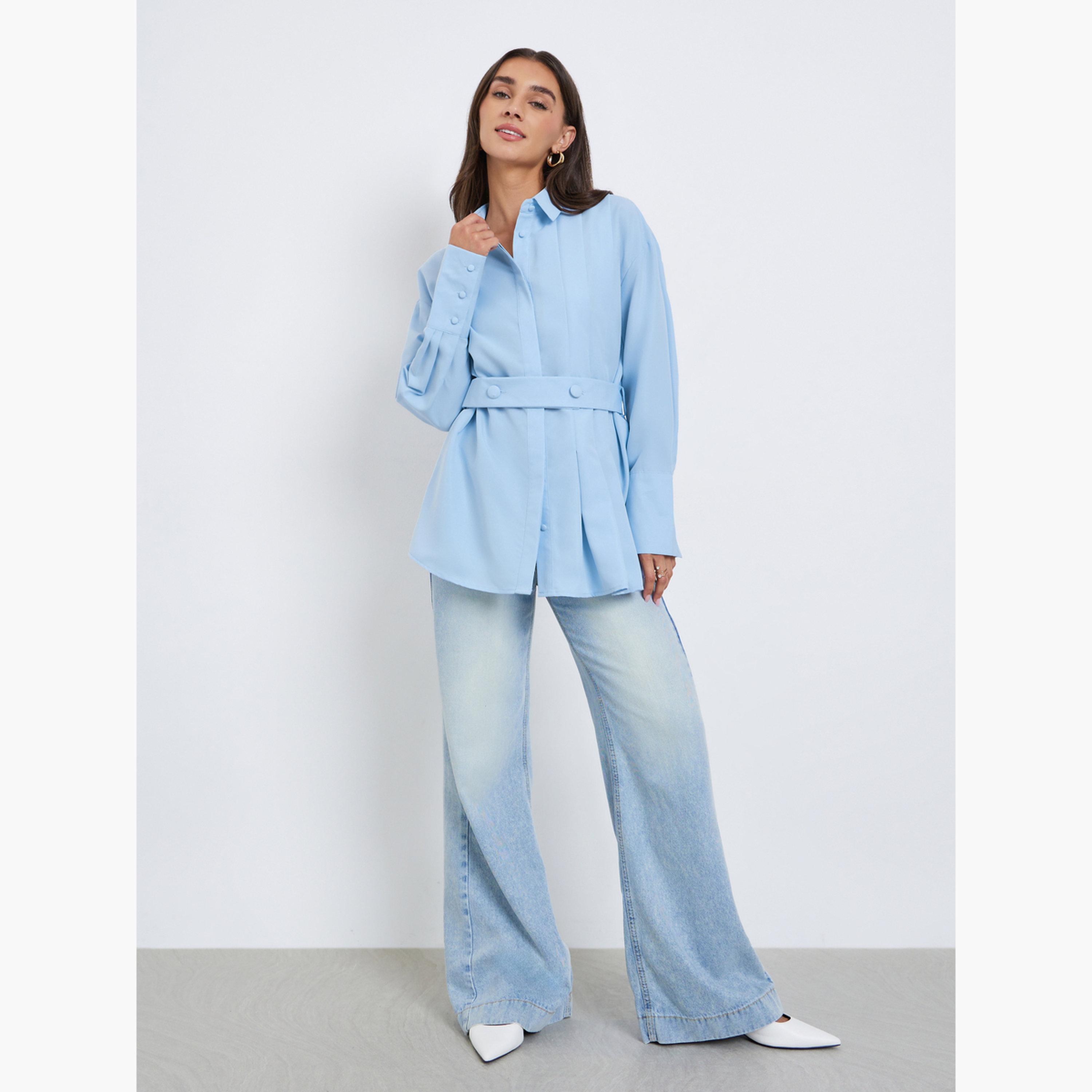 ستايلي - قميص أزرق طويل بحزام-women-clothing-shirtsandblouses-shirts-image-2
