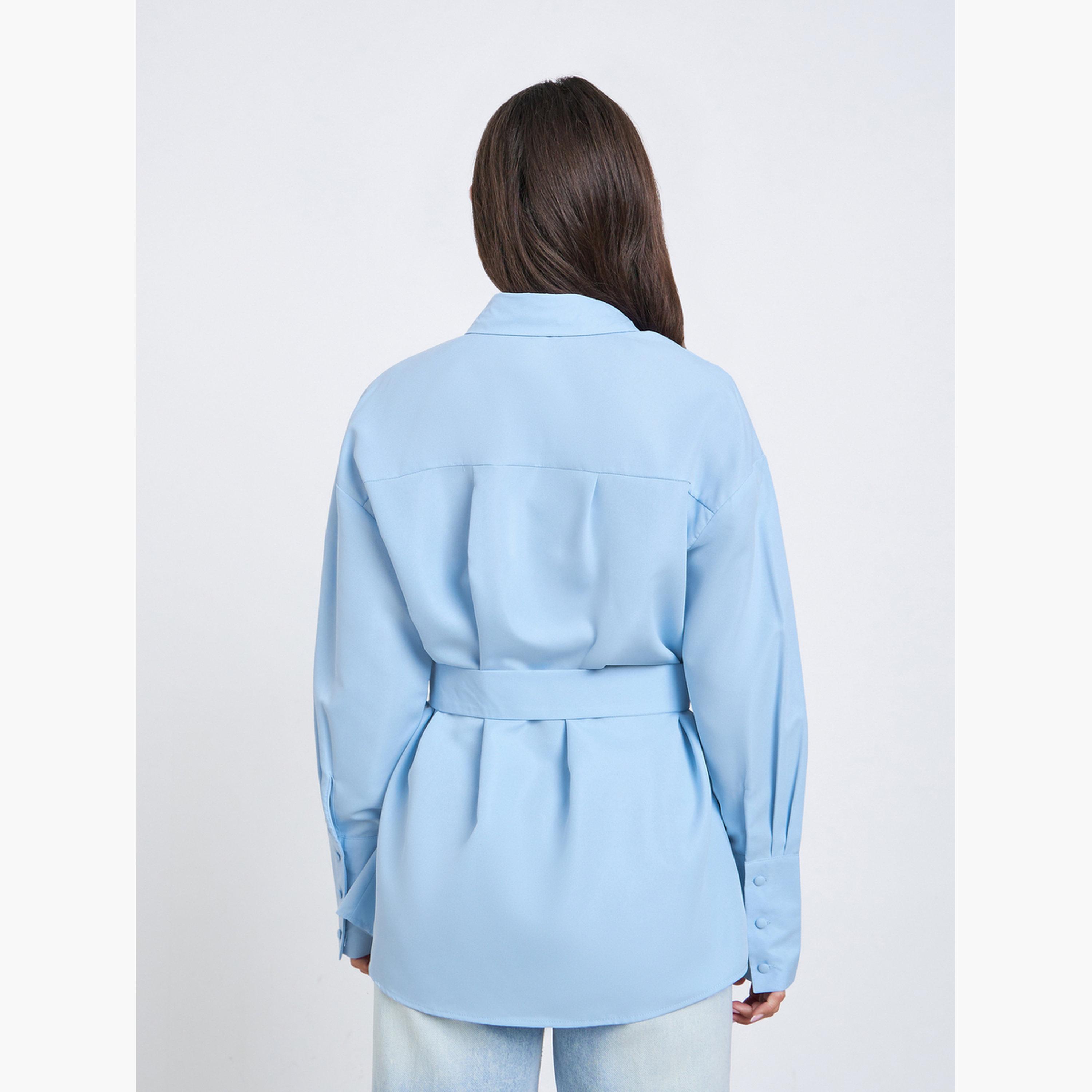 ستايلي - قميص أزرق طويل بحزام-women-clothing-shirtsandblouses-shirts-image-4