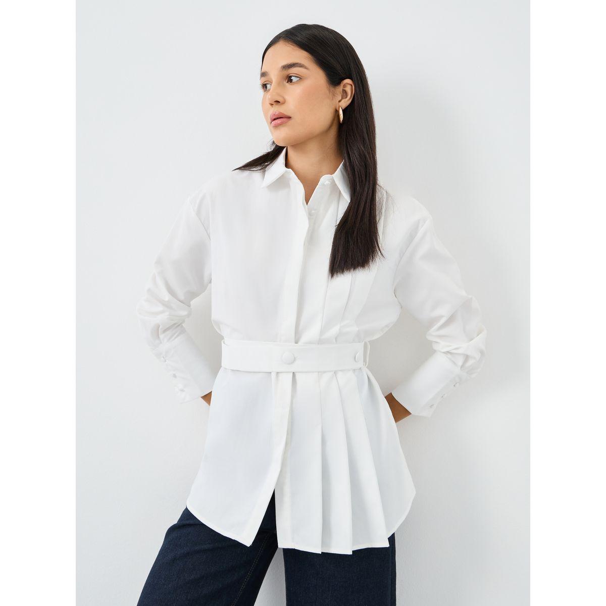 بلوزة سادة بأكمام طويلة وحزام خصر-women-clothing-shirtsandblouses-shirts-image-1