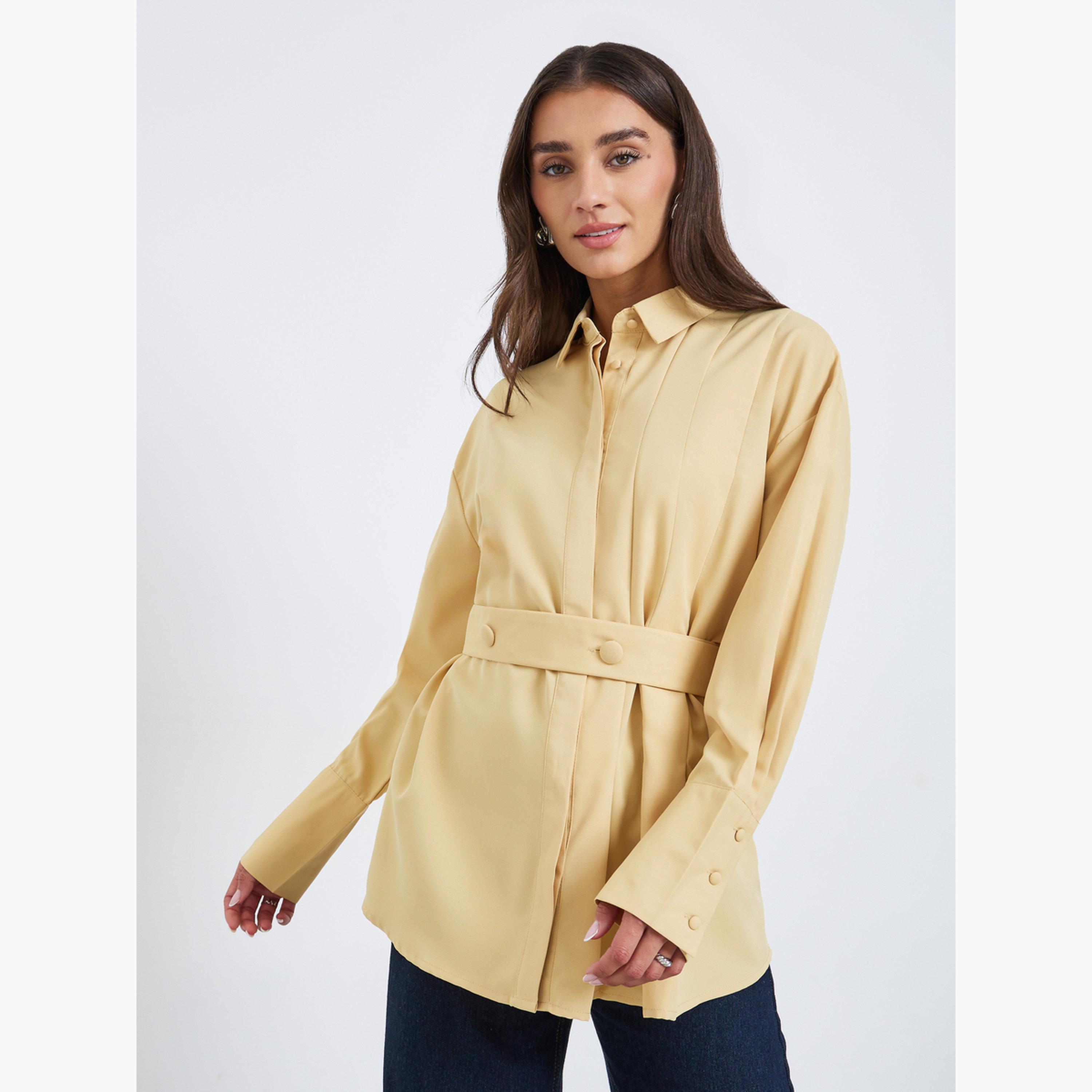 ستايلي - قميص أصفر طويل بحزام-women-clothing-shirtsandblouses-shirts-image-1