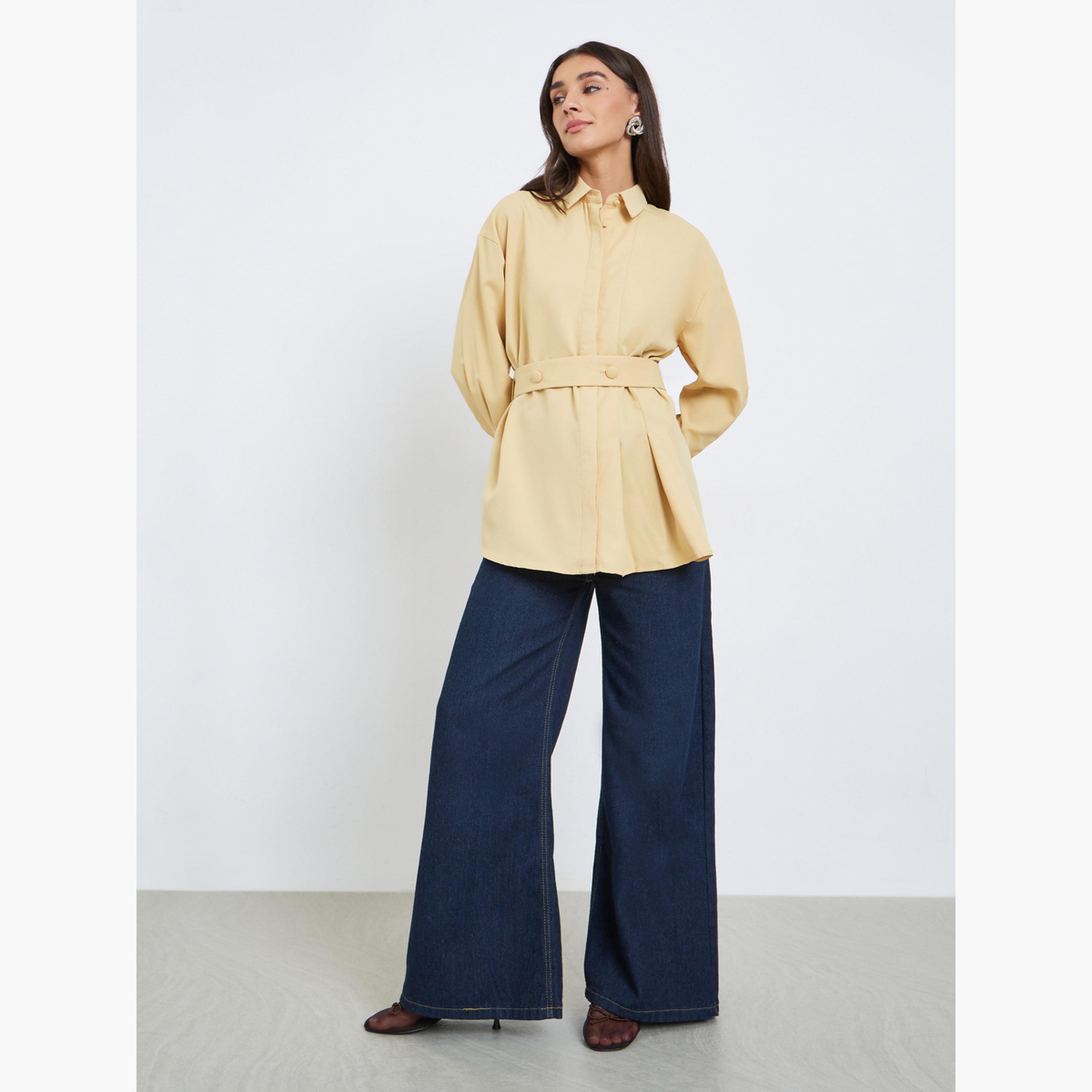 ستايلي - قميص أصفر طويل بحزام-women-clothing-shirtsandblouses-shirts-image-2