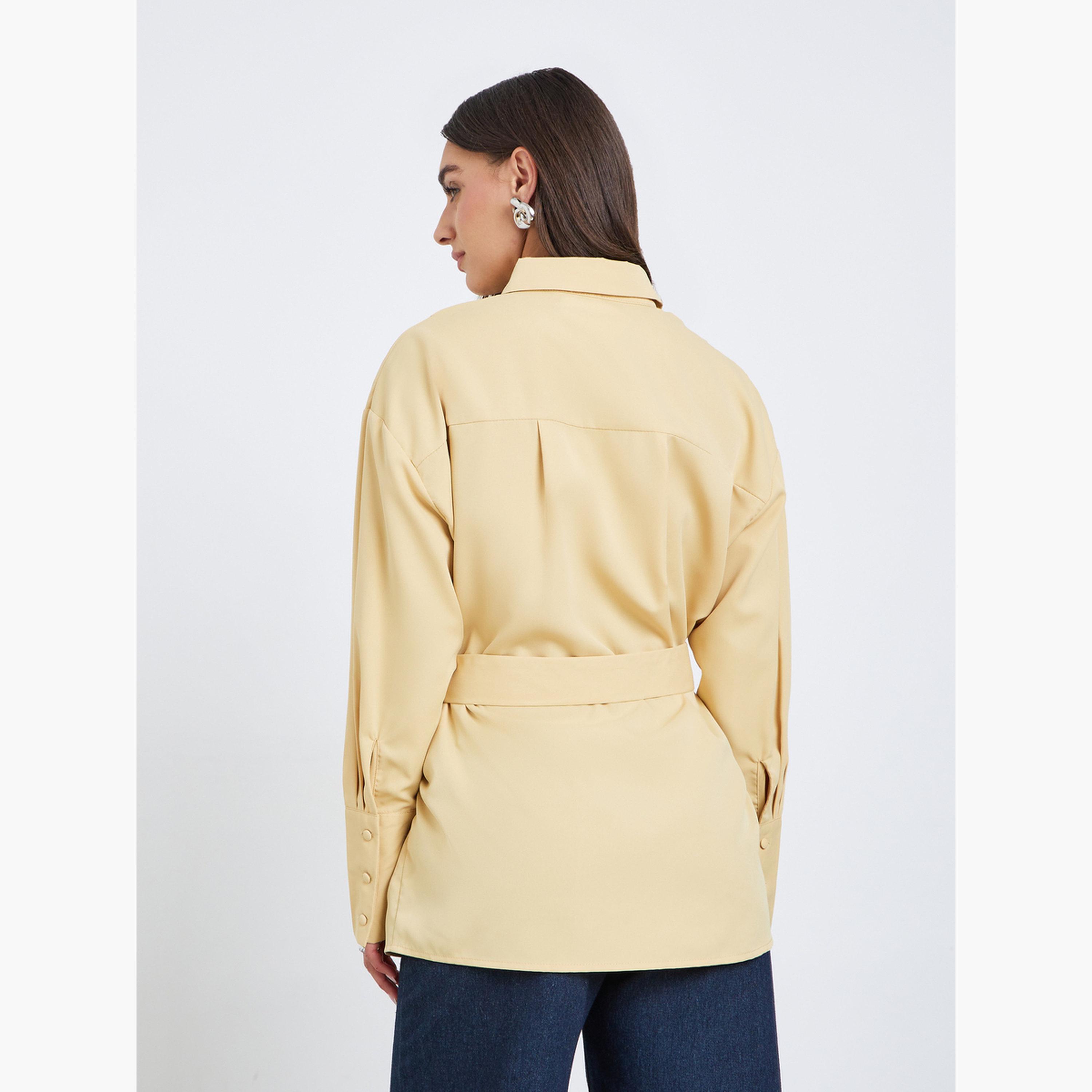 ستايلي - قميص أصفر طويل بحزام-women-clothing-shirtsandblouses-shirts-image-4