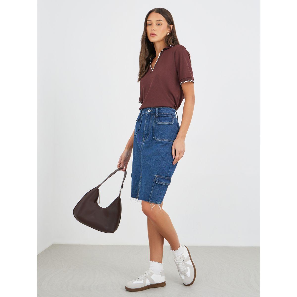 Styli Rib Knit Short Sleeve Polo Neck Top-women-clothing-tshirts-image-1