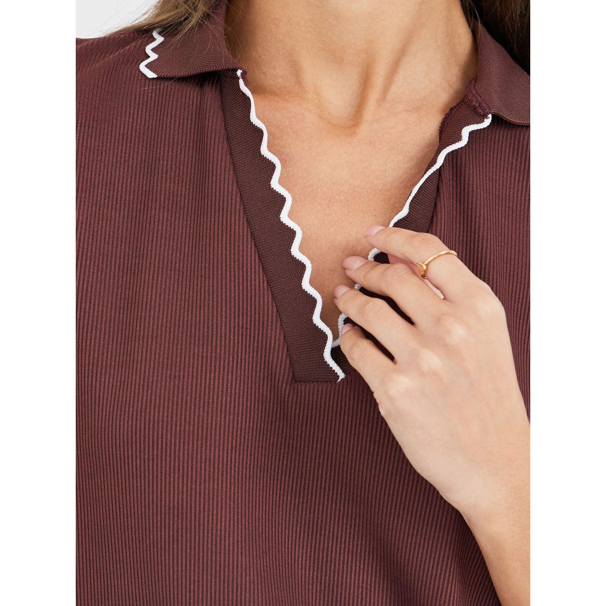 Styli Rib Knit Short Sleeve Polo Neck Top-women-clothing-tshirts-image-4