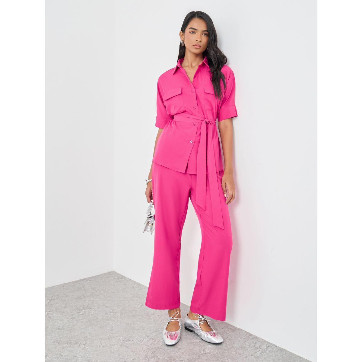 Styli Solid Belted Shirt and Wide Leg Pants Co-Ords-women-clothing-coordsets-image-1