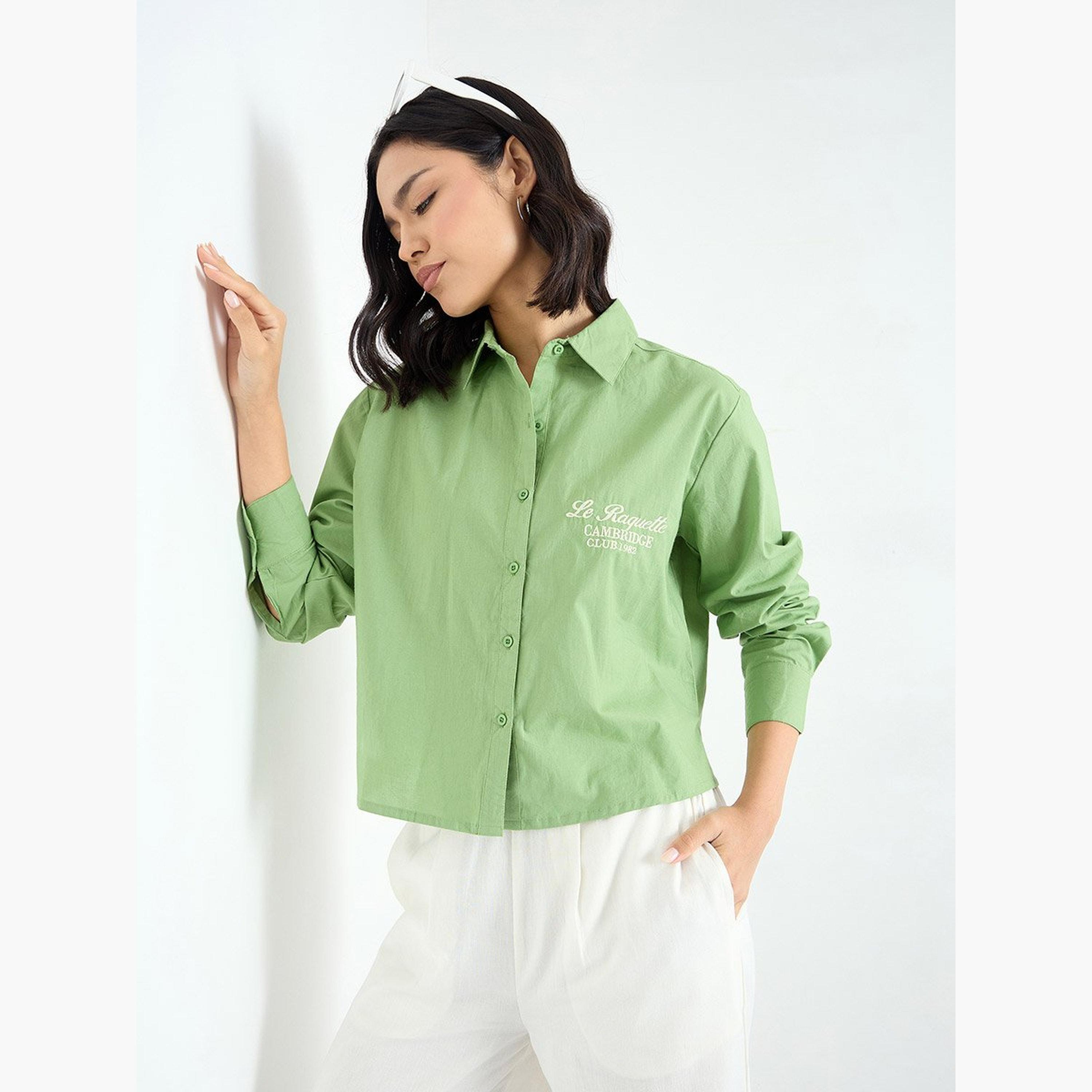 Styli Green Crop Poplin Shirt with Embroidery-women-clothing-shirtsandblouses-shirts-image-1
