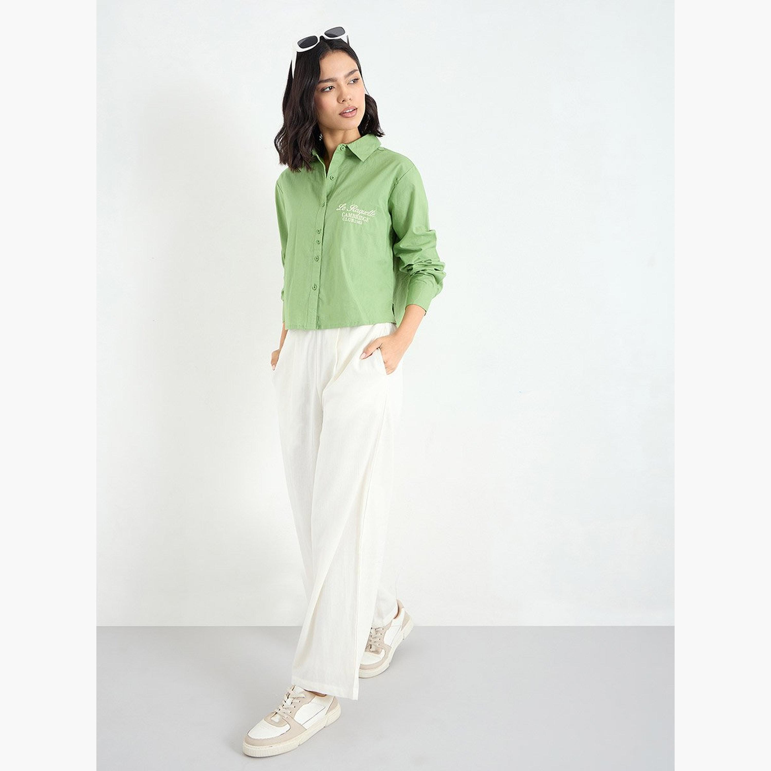 ستايلي - قميص بوبلين أخضر قصير مع تطريز-women-clothing-shirtsandblouses-shirts-image-2