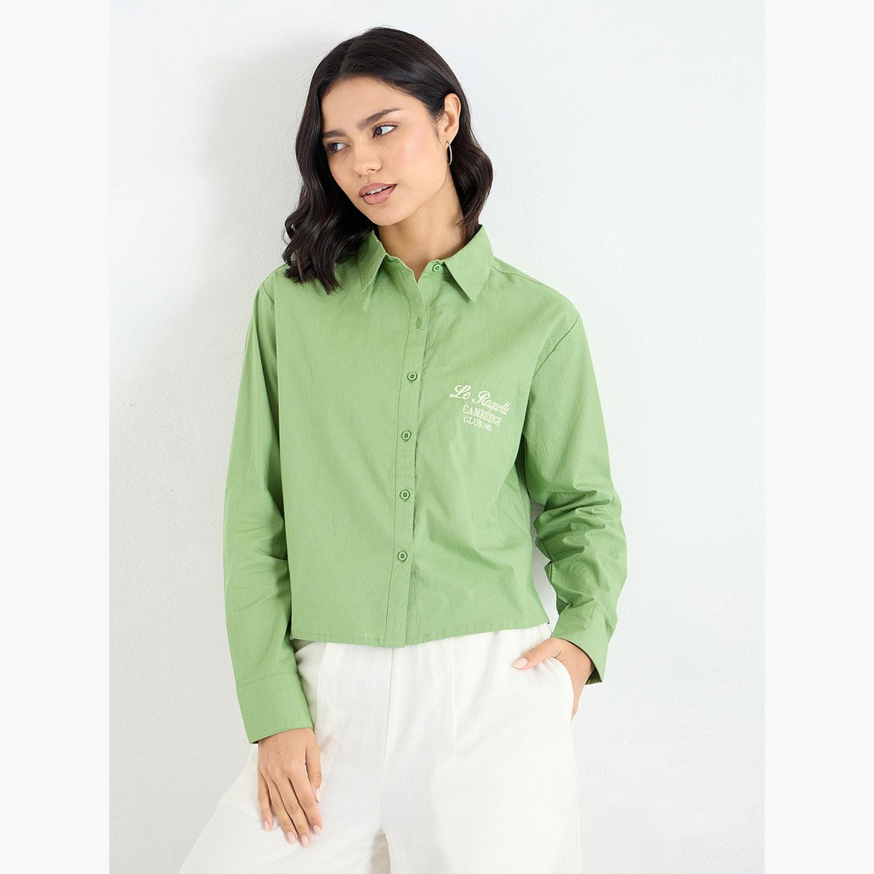 ستايلي - قميص بوبلين أخضر قصير مع تطريز-women-clothing-shirtsandblouses-shirts-image-3