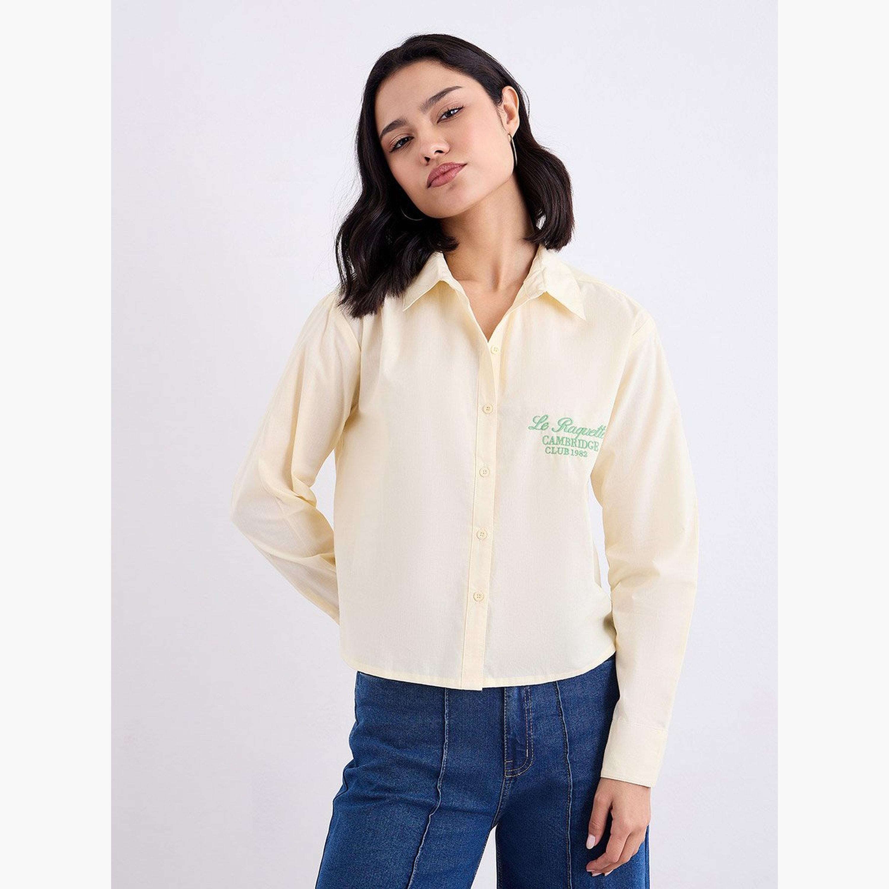 ستايلي - قميص بوبلين أصفر قصير مع تطريز-women-clothing-shirtsandblouses-shirts-image-1