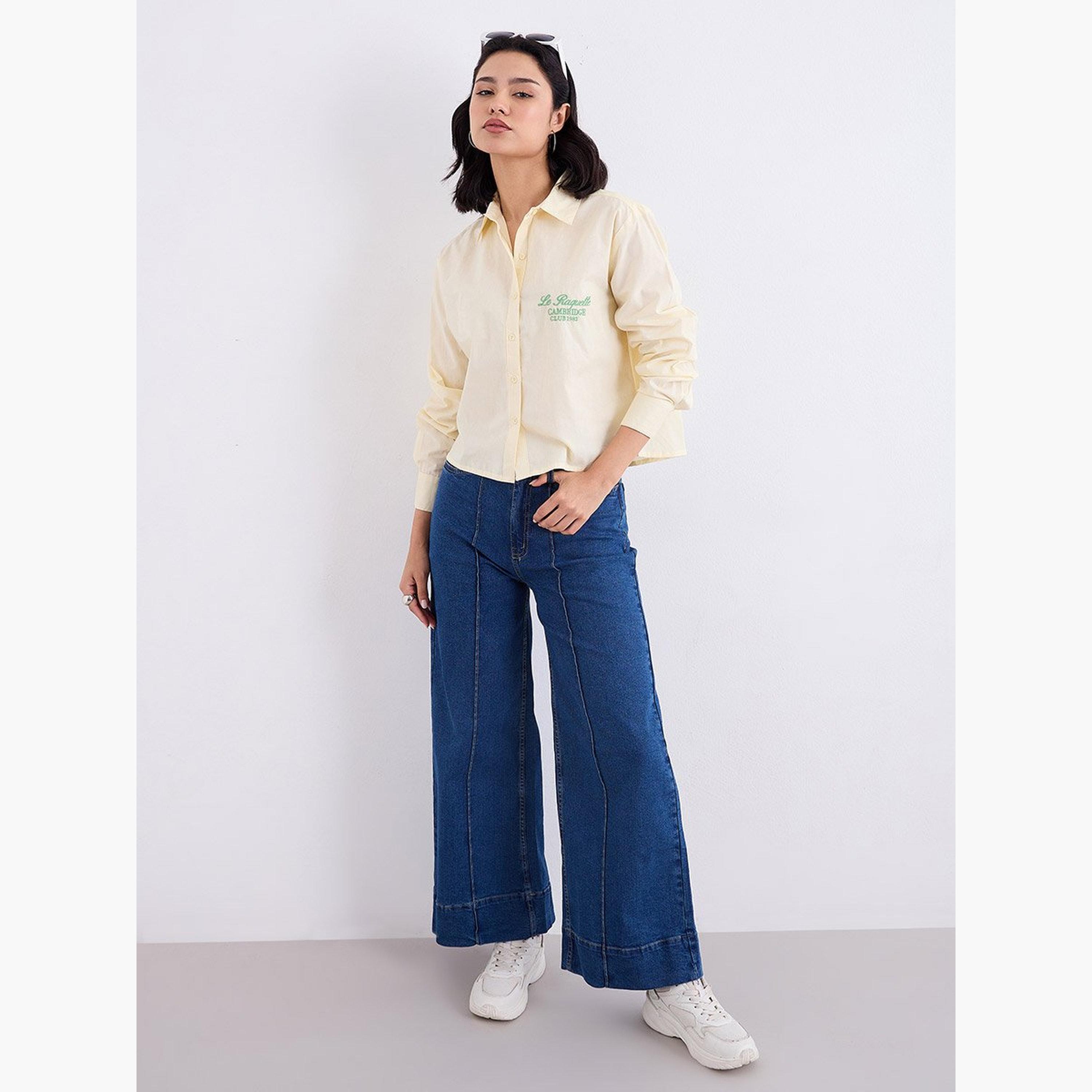 Styli Yellow Crop Poplin Shirt with Embroidery-women-clothing-shirtsandblouses-shirts-image-2
