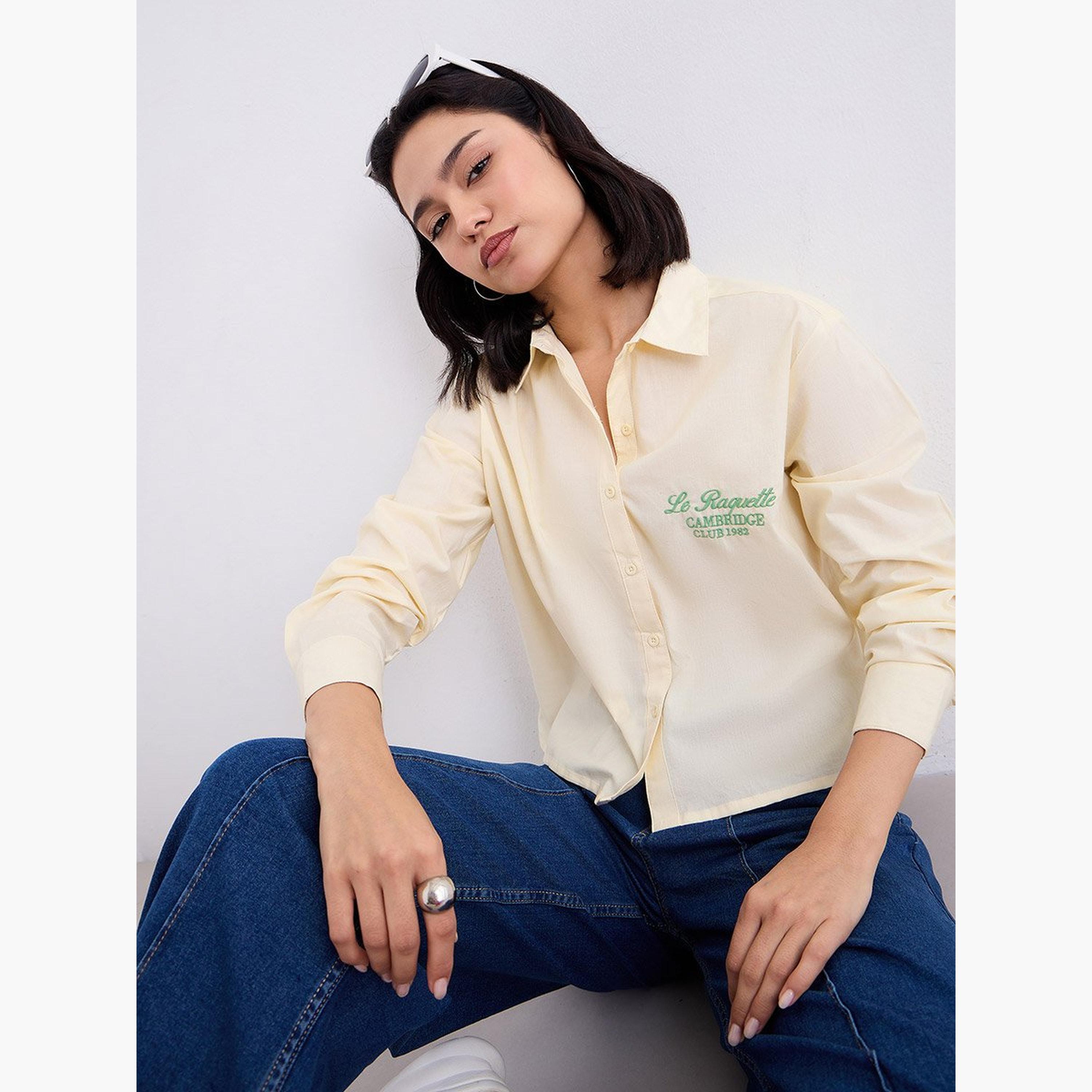 Styli Yellow Crop Poplin Shirt with Embroidery-women-clothing-shirtsandblouses-shirts-image-3