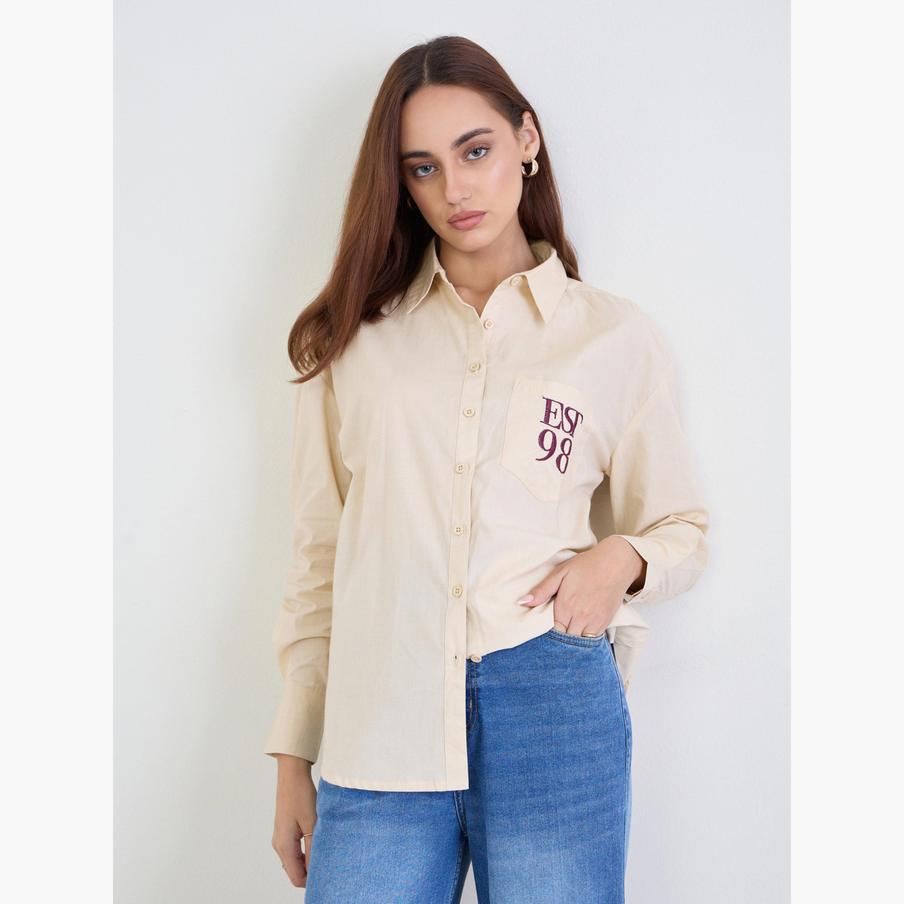 Styli Beige Oversized Shirt with Patch Pocket-women-clothing-shirtsandblouses-shirts-image-1