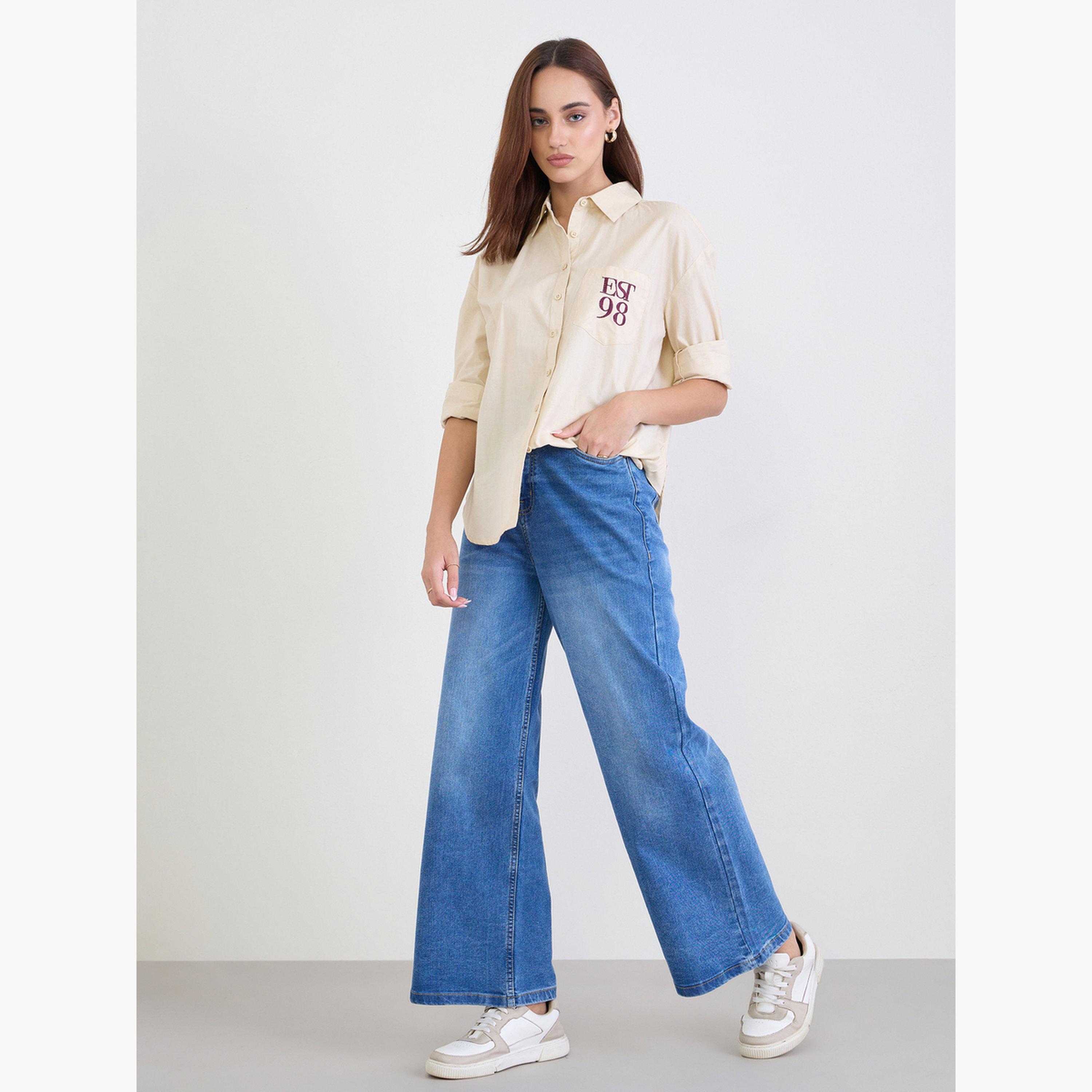 Styli Beige Oversized Shirt with Patch Pocket-women-clothing-shirtsandblouses-shirts-image-2