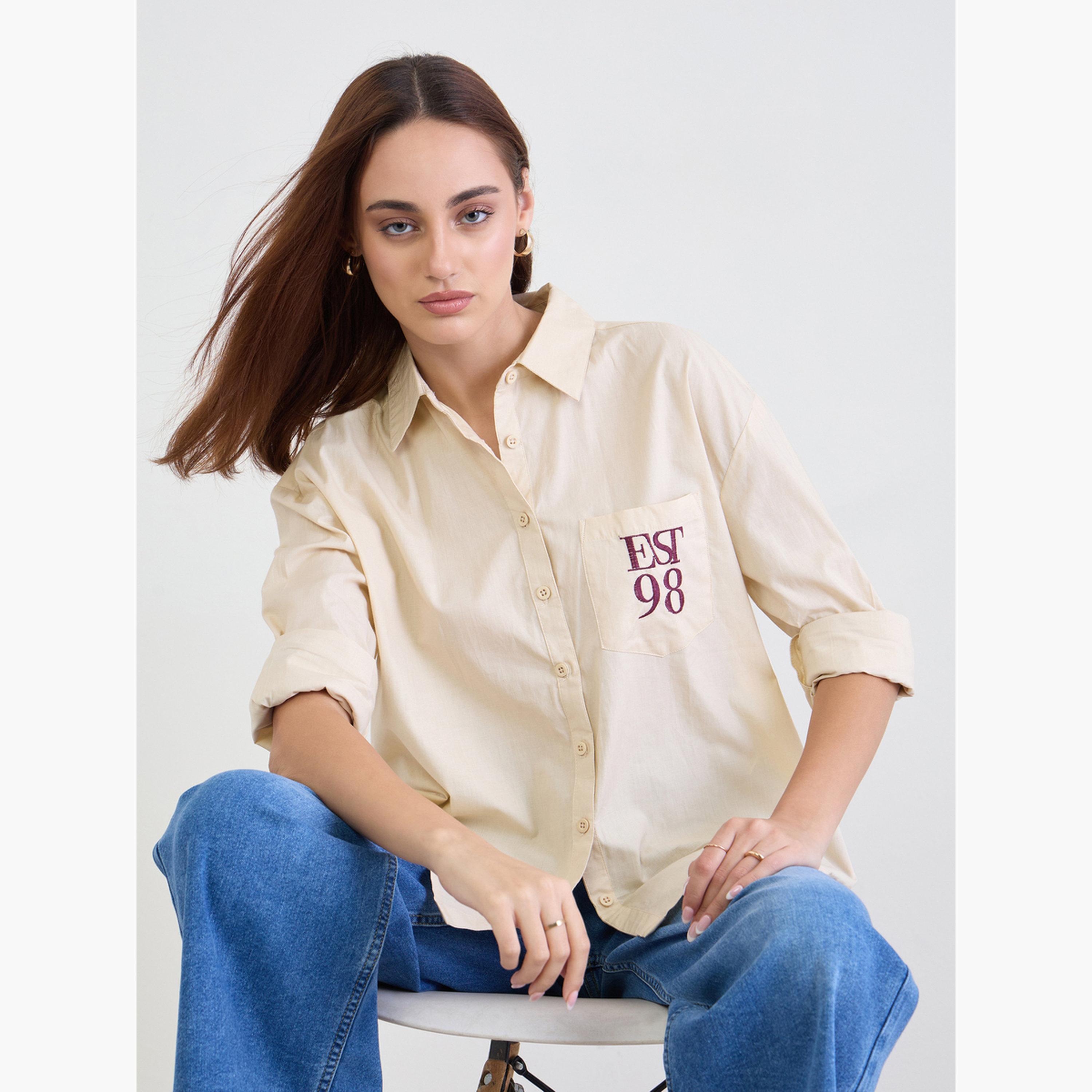 Styli Beige Oversized Shirt with Patch Pocket-women-clothing-shirtsandblouses-shirts-image-3