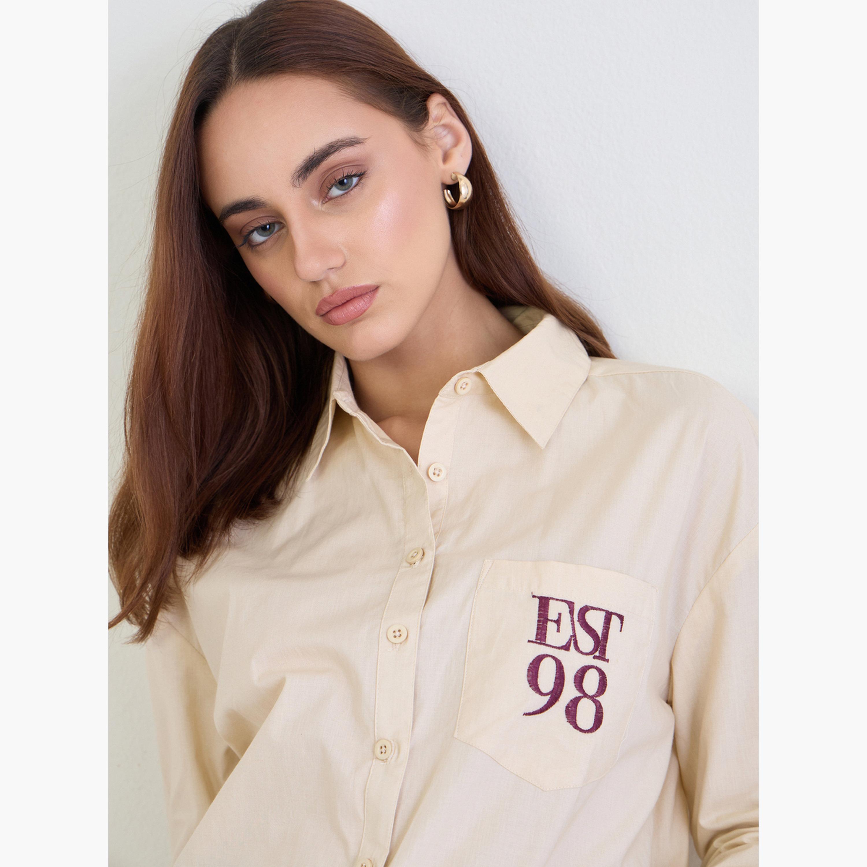 Styli Beige Oversized Shirt with Patch Pocket-women-clothing-shirtsandblouses-shirts-image-4