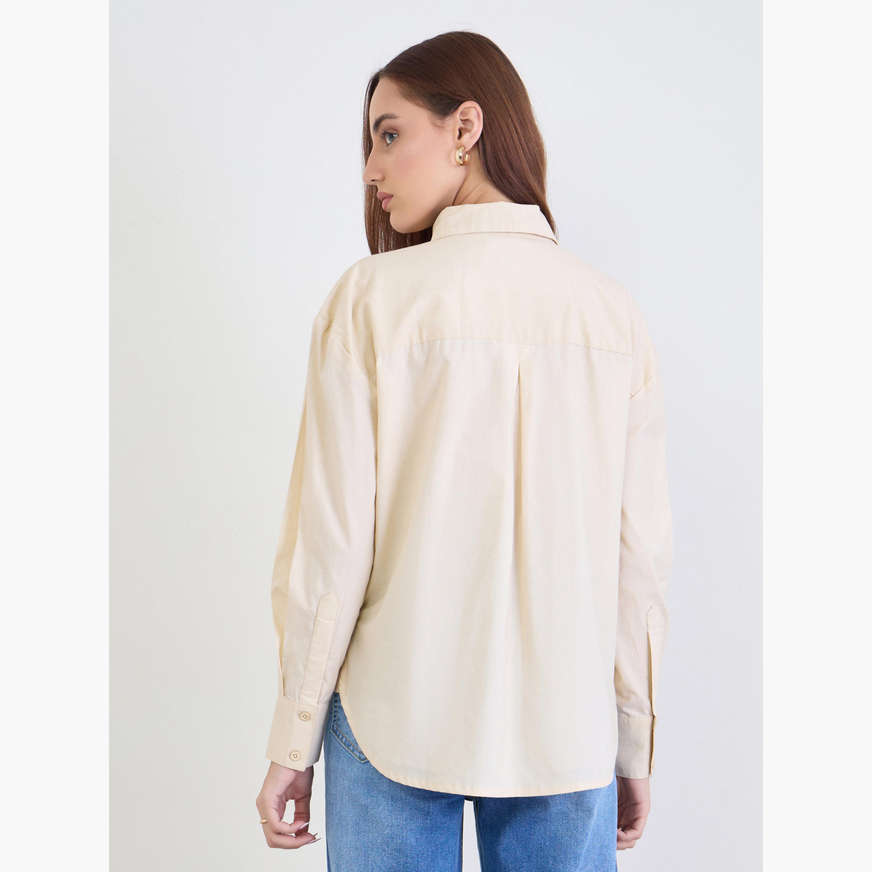 Styli Beige Oversized Shirt with Patch Pocket-women-clothing-shirtsandblouses-shirts-image-5