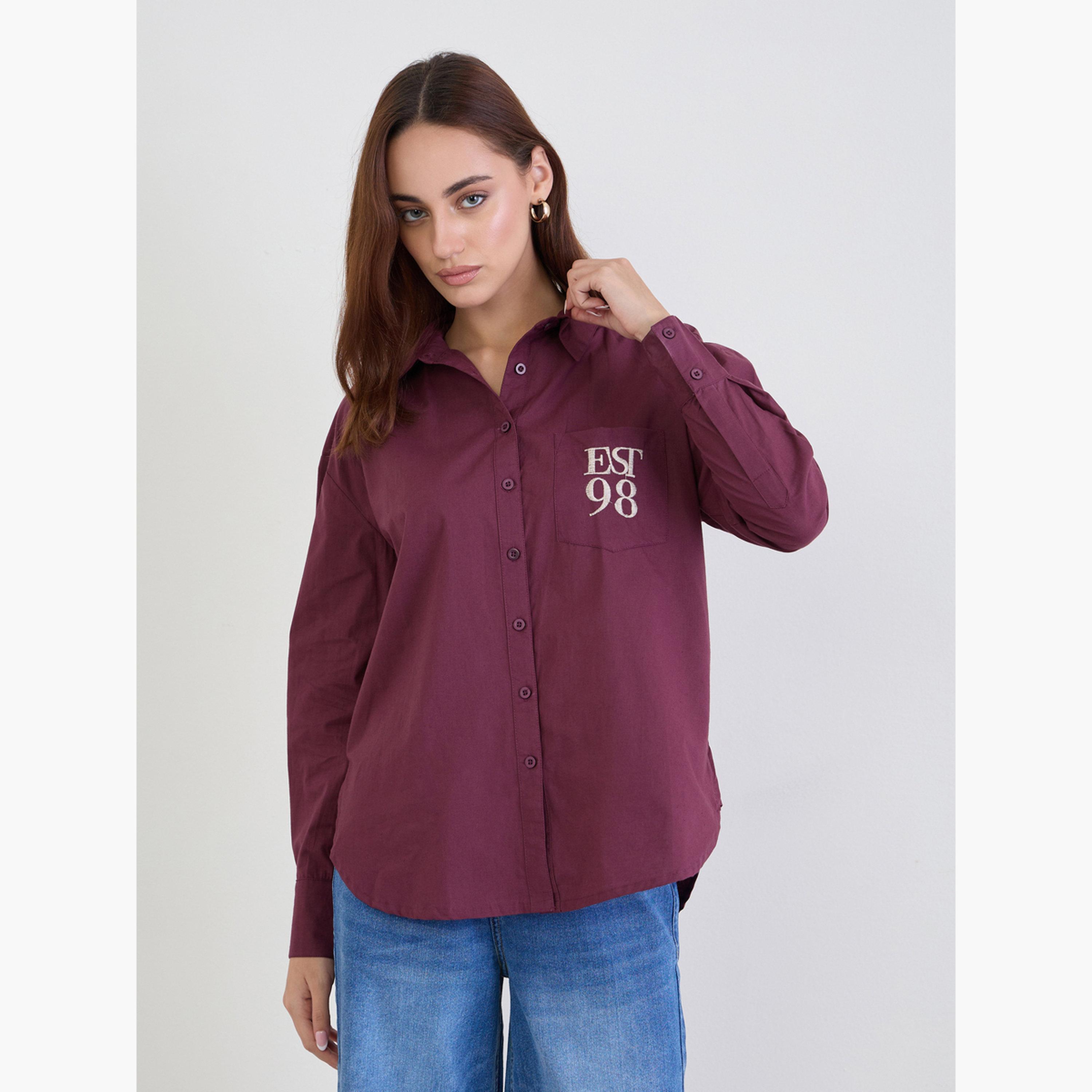 Styli Burgundy Oversized Shirt with Patch Pocket-women-clothing-shirtsandblouses-shirts-image-1
