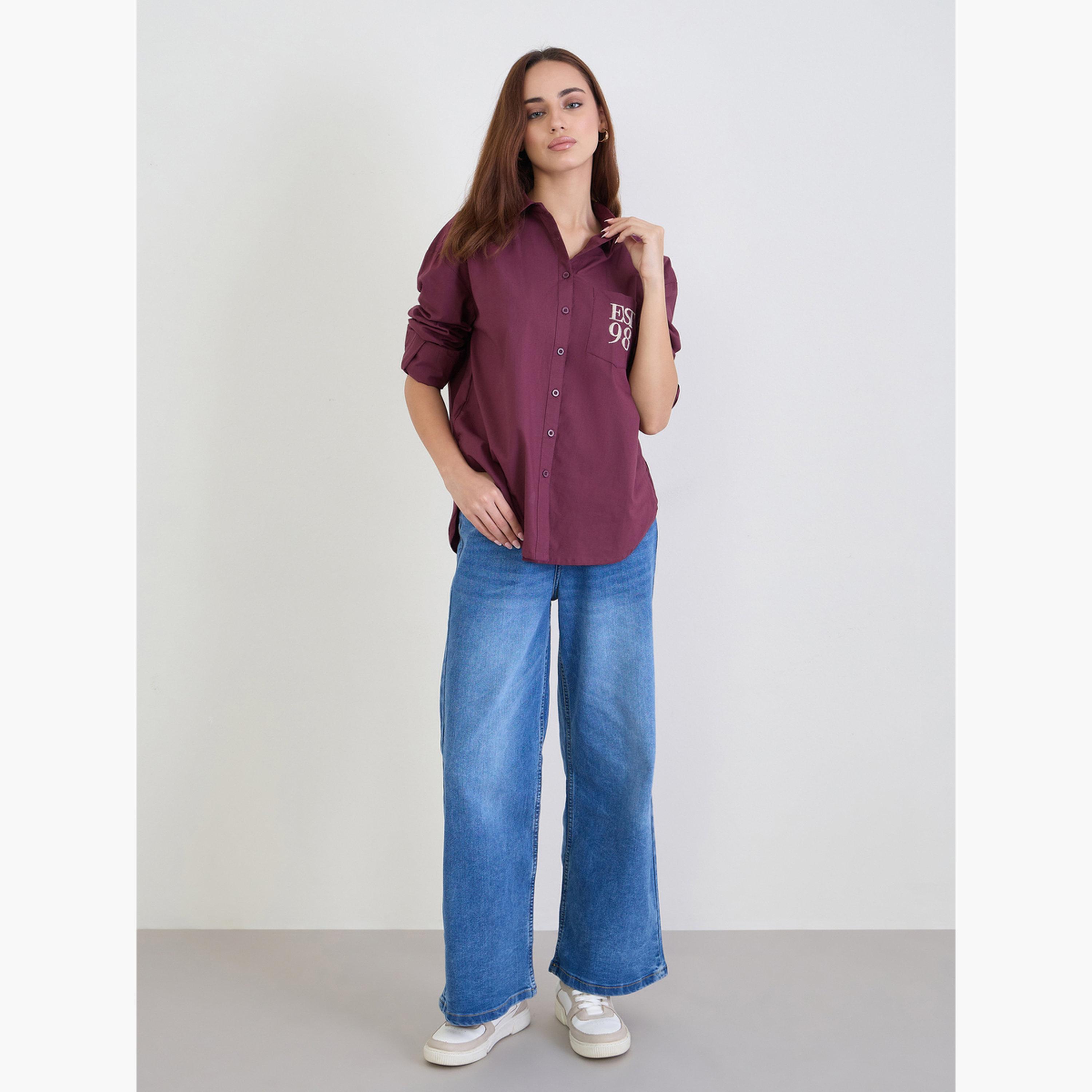 Styli Burgundy Oversized Shirt with Patch Pocket-women-clothing-shirtsandblouses-shirts-image-2