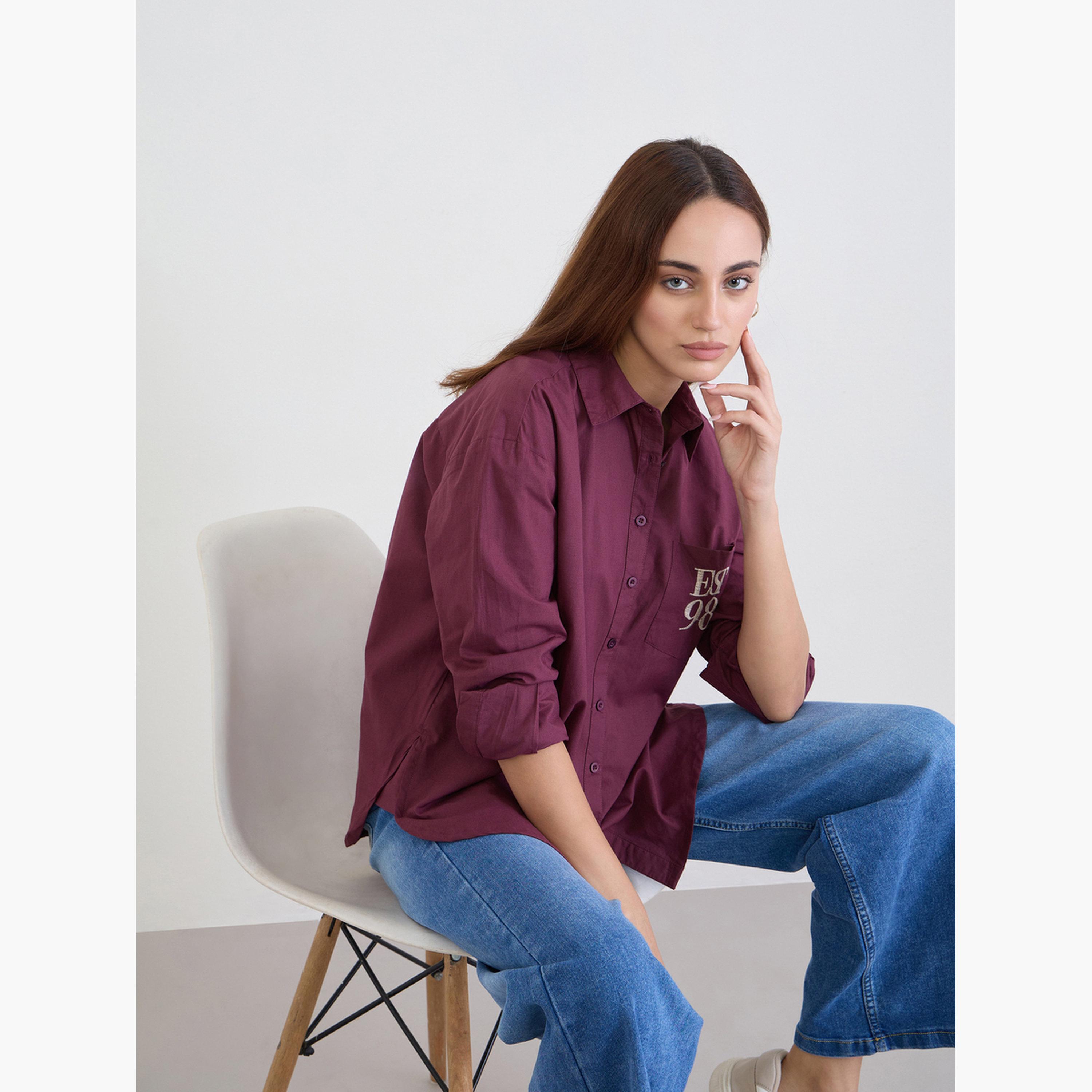 Styli Burgundy Oversized Shirt with Patch Pocket-women-clothing-shirtsandblouses-shirts-image-3