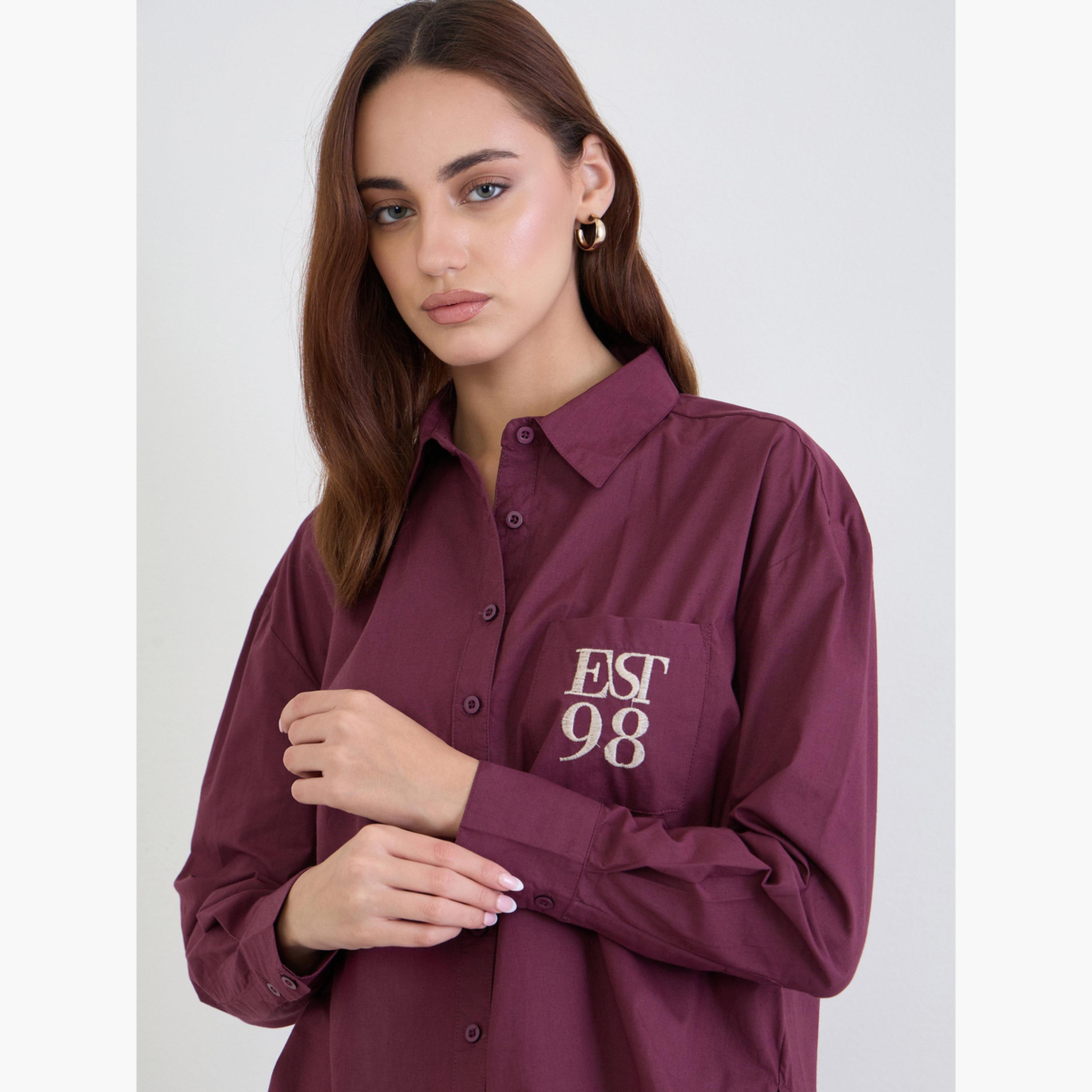 Styli Burgundy Oversized Shirt with Patch Pocket-women-clothing-shirtsandblouses-shirts-image-4