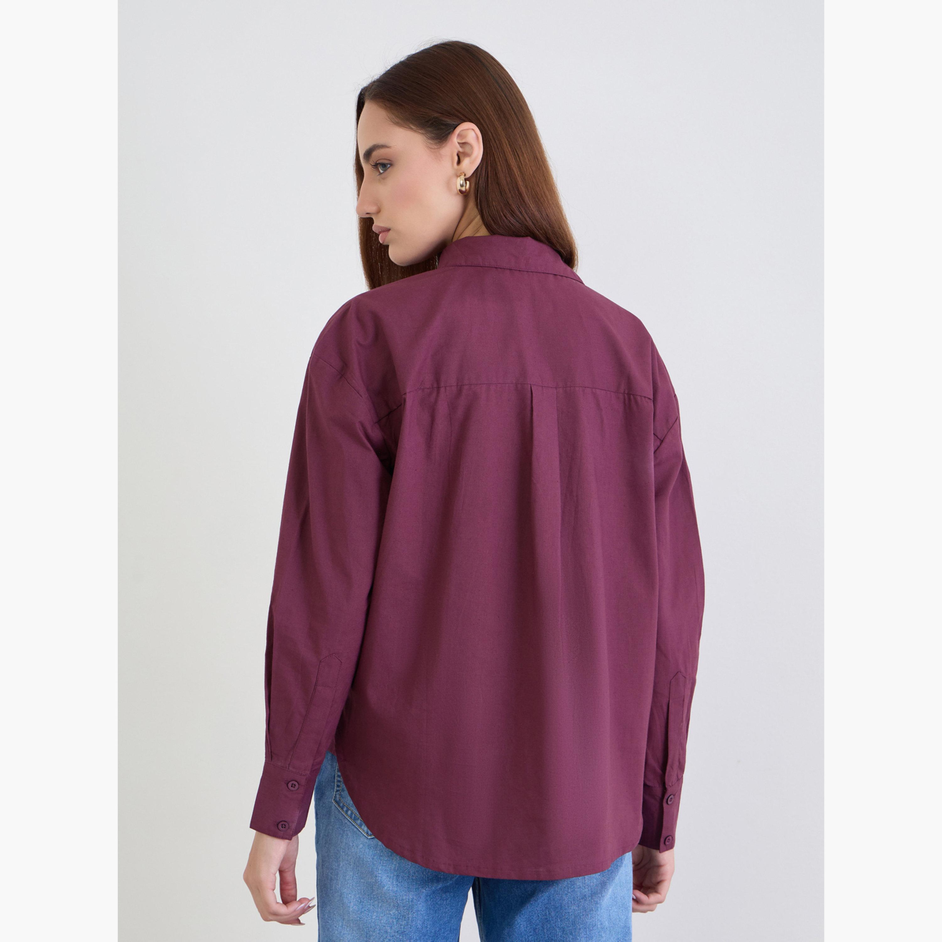 Styli Burgundy Oversized Shirt with Patch Pocket-women-clothing-shirtsandblouses-shirts-image-5