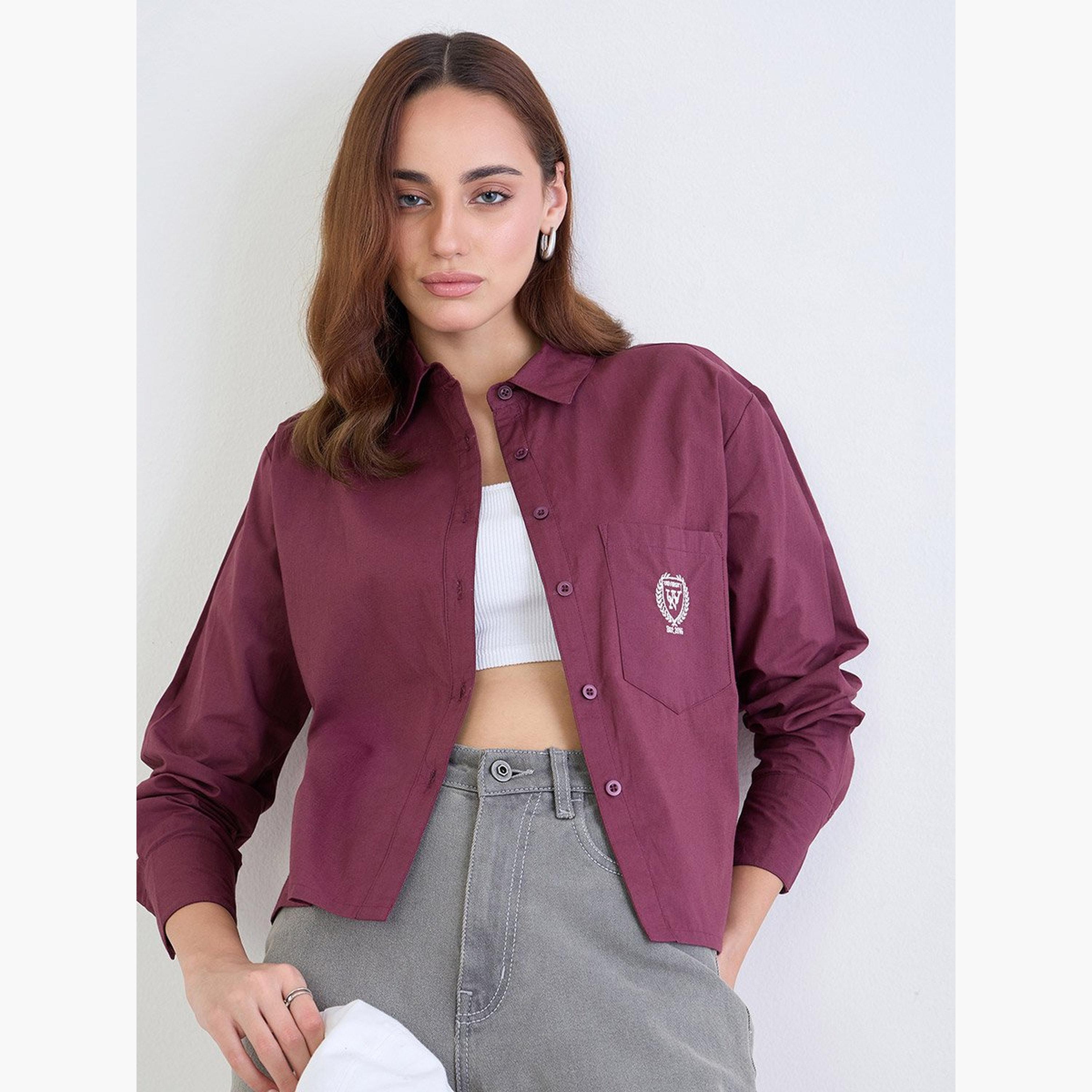 ستايلي - قميص لون عنابي قصير بأكمام طويلة-women-clothing-shirtsandblouses-shirts-image-1
