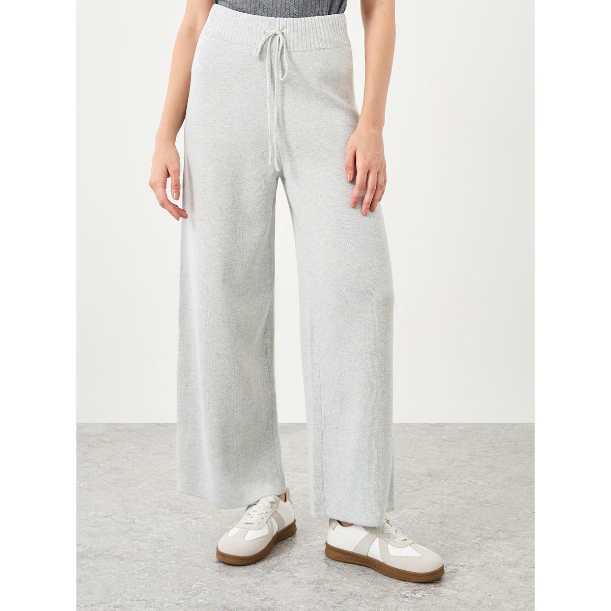 بنطال سادة محبوك بأرجل واسعة ورباط خصر-women-clothing-bottoms-trousers-image-2