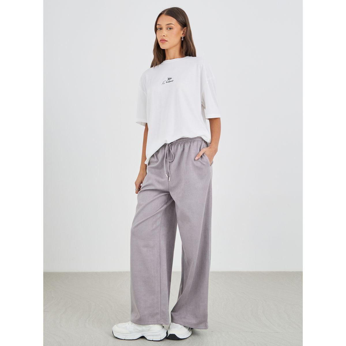 Styli Women Grey Suede Look Wide Leg Joggers-women-clothing-bottoms-joggers-image-1