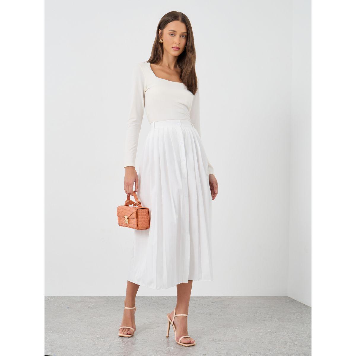 Styli Solid Pleated A-Line Midi Skirt with Button Front-women-clothing-bottoms-skirts-image-1