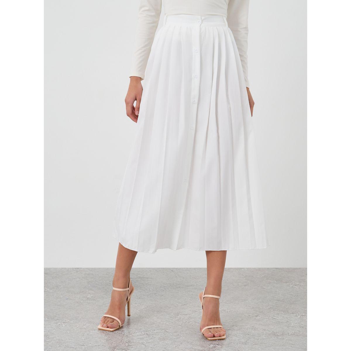 Styli Solid Pleated A-Line Midi Skirt with Button Front-women-clothing-bottoms-skirts-image-2