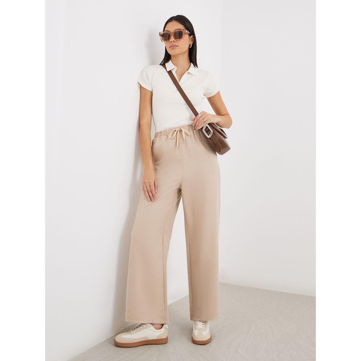 بنطال سادة بأرجل واسعة ورباط خصر-women-clothing-bottoms-trousers-image-1