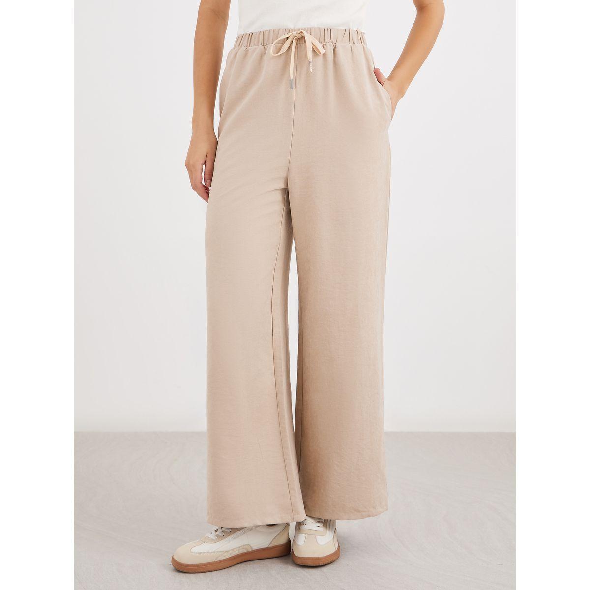 Styli Women Cream Solid Drawstring Waist Wide Leg Pants-women-clothing-bottoms-trousers-image-2