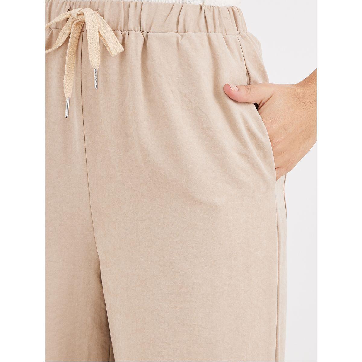 Styli Women Cream Solid Drawstring Waist Wide Leg Pants-women-clothing-bottoms-trousers-image-3