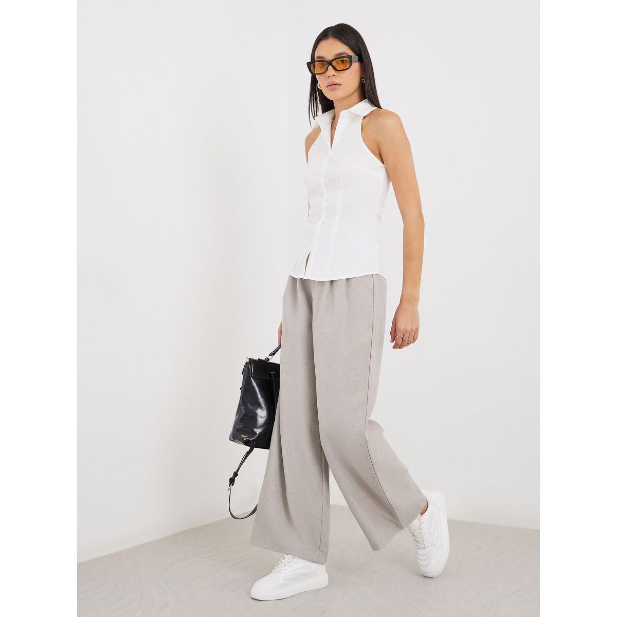 Styli Solid Pleated Wide Leg Pants-women-clothing-bottoms-trousers-image-1
