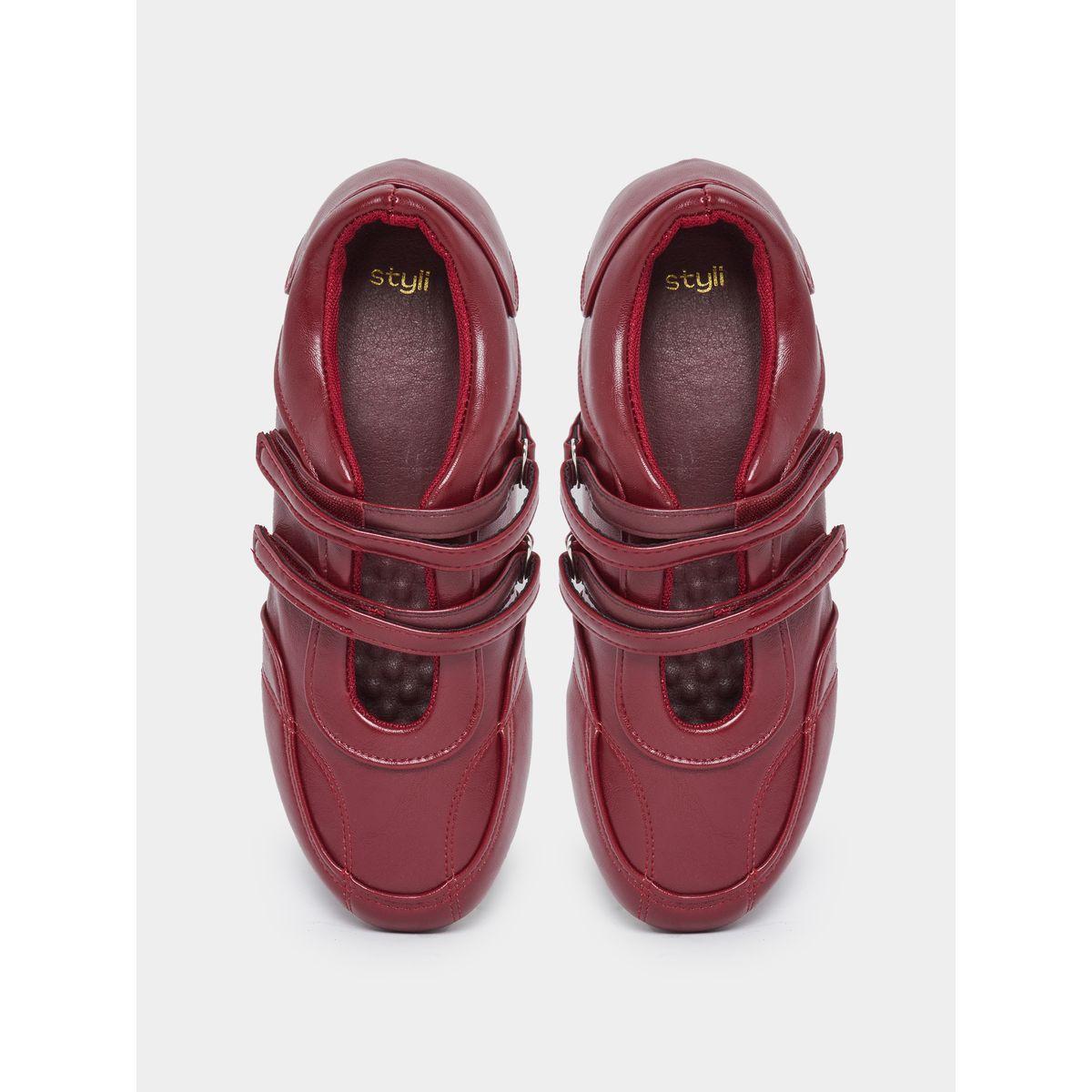 Styli Burgundy Leather Look Two Straps Loafers-women-shoes-flats-loafers-image-5