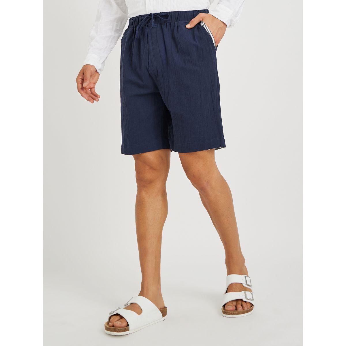 Styli Men Navy Blue Solid Drawstring Waist Pocket Detail Bermuda Shorts-men-clothing-bottoms-shorts-image-1