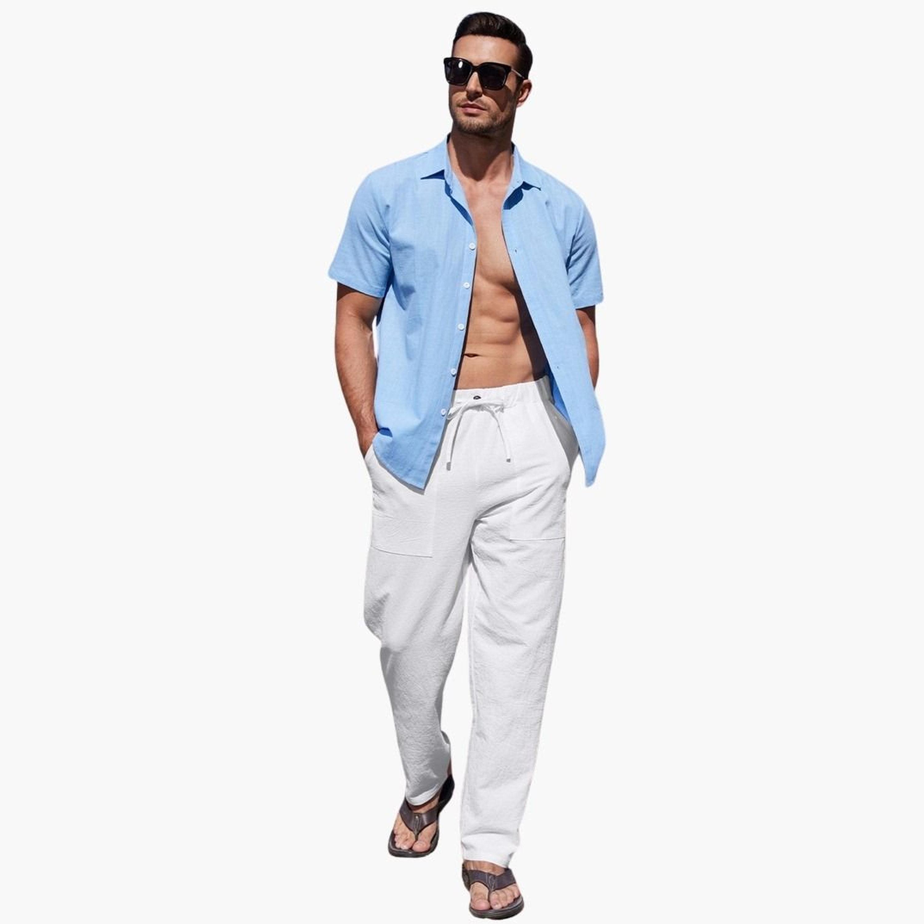 نور اسنشيالز × ستايلي - بنطال مريح بقصة مستقيمة ورباط خصر سادة للرجال-men-clothing-bottoms-trousersandchinos-trousers-image-2