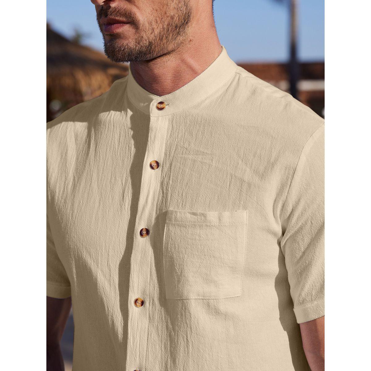 Styli Solid Short Sleeve Button Front Pocket Detail Shirt-men-clothing-shirts-image-4